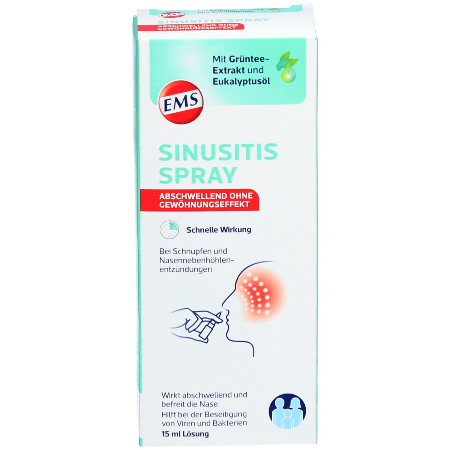 Produktpackung. Text: EMS Sinusitis Spray. Mit Eukalyptusöl. 12 ml. Schachtel mit Text und Grafik.