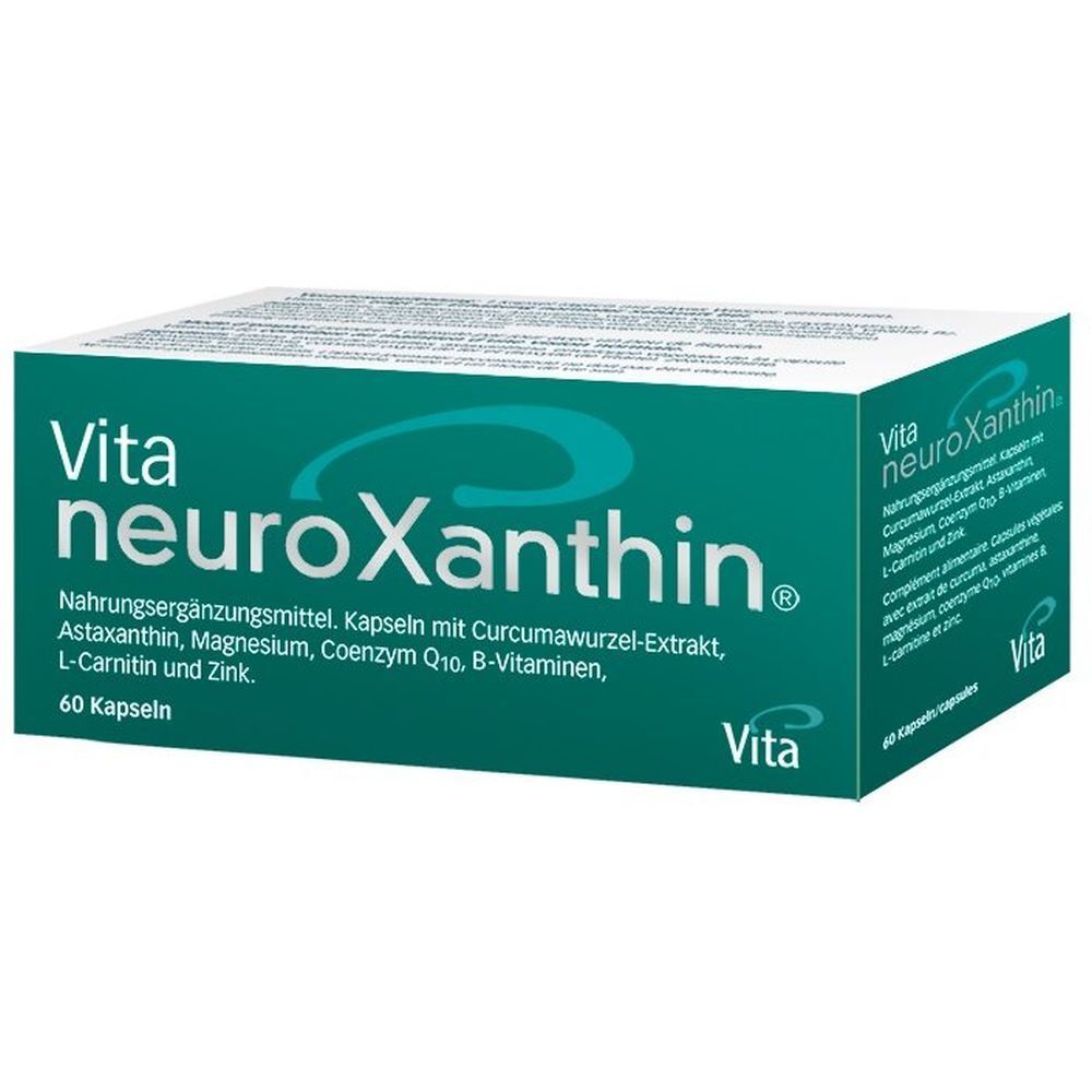 Boîte verte "Vita neuroXanthin®". Contient 60 gélules. Inscription: Complément alimentaire.