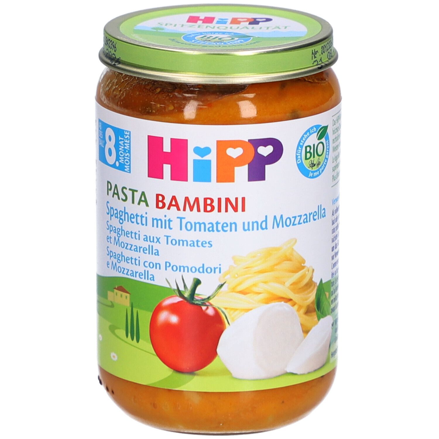 Glas mit HiPP Pasta Bambini Spaghetti mit Tomaten und Mozzarella. Bio-Siegel. Ab 8 Monaten.