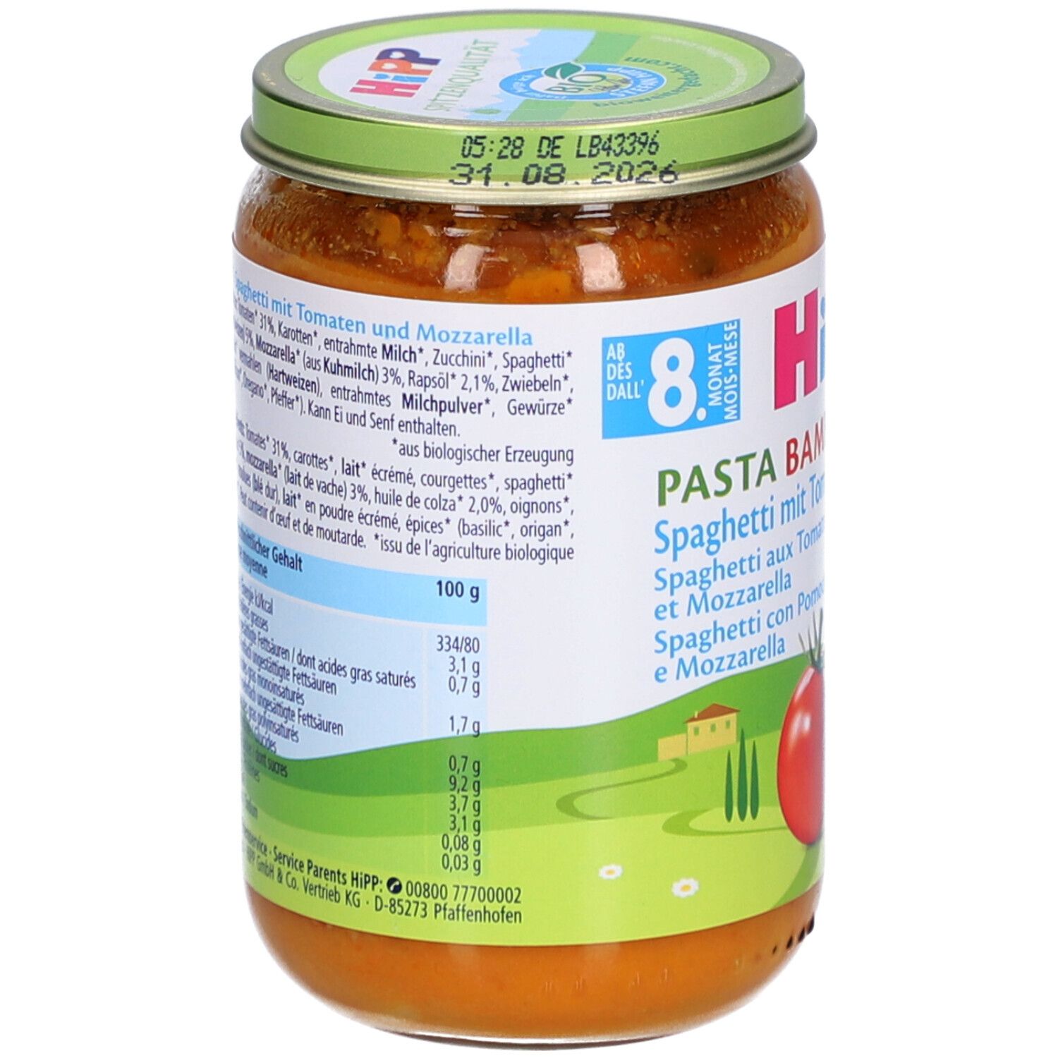 Rückseite des Glases mit HiPP Pasta Bambini. Zutatenliste, Nährwertangaben. Bio-Siegel. 100g.