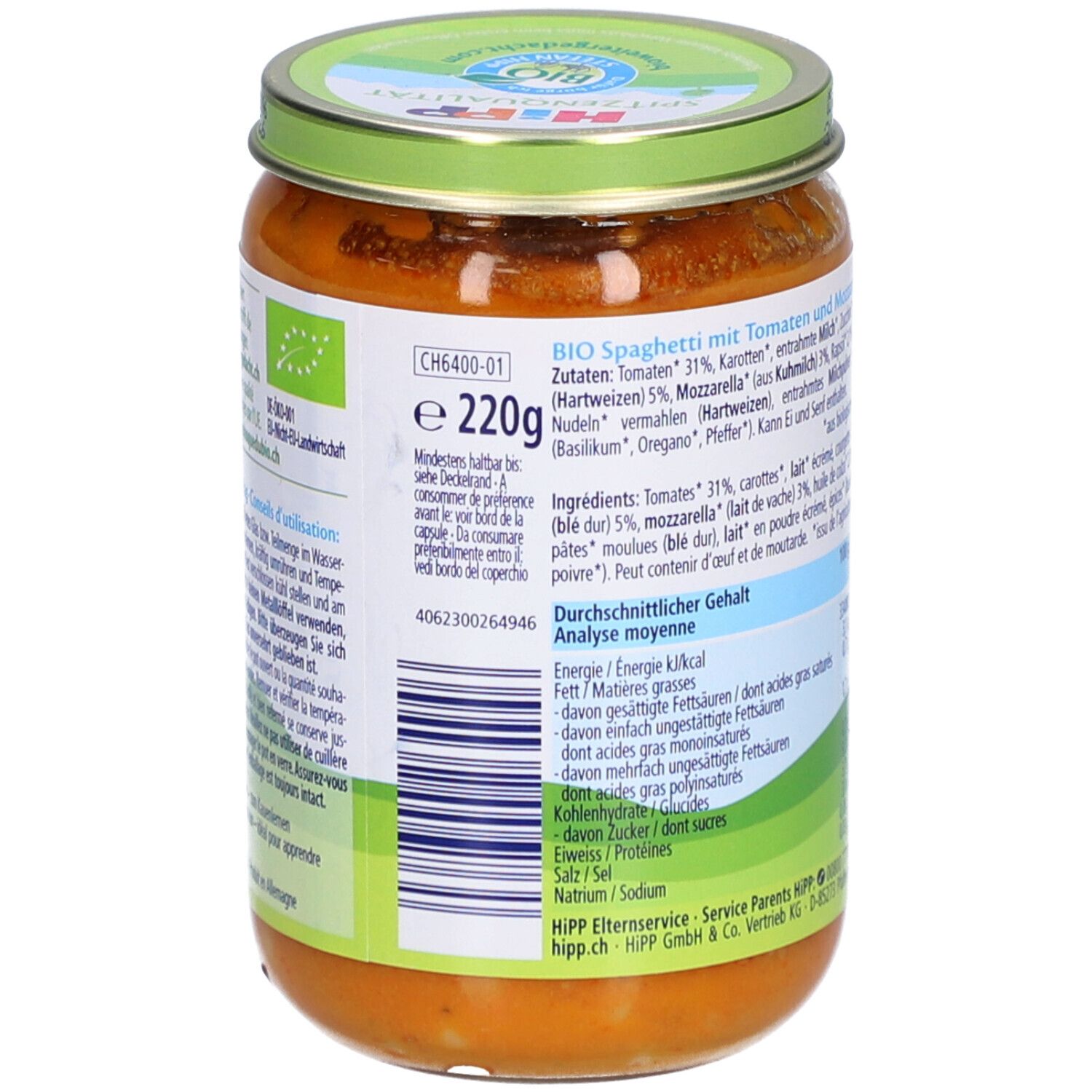 Rückseite des Glases mit HiPP Pasta Bambini. Zutatenliste, Nährwertangaben. Bio-Siegel. 220g.
