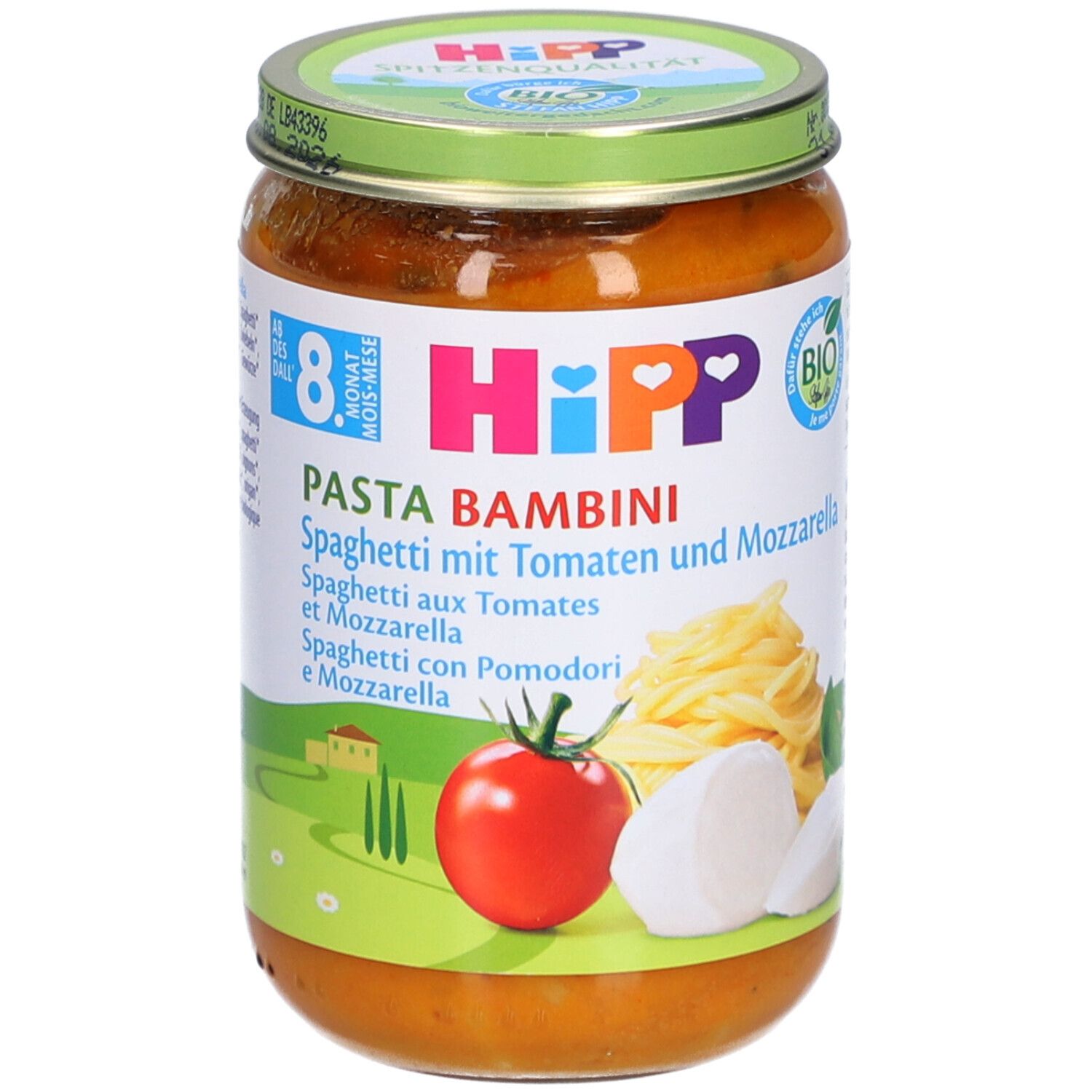 Glas mit HiPP Pasta Bambini Spaghetti mit Tomaten und Mozzarella. Bio-Siegel. Ab 8 Monaten.