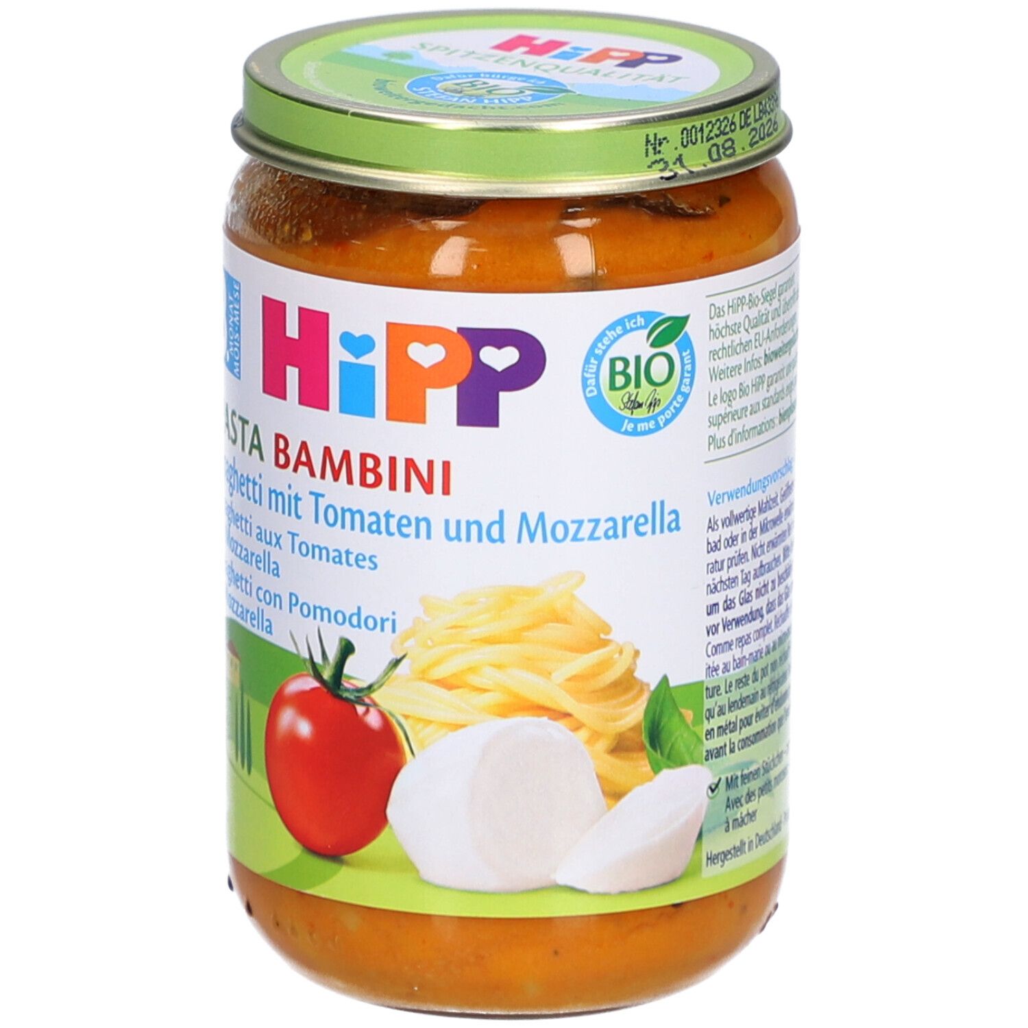 Glas mit HiPP Pasta Bambini Spaghetti mit Tomaten und Mozzarella. Bio-Siegel. Ab 8 Monaten.