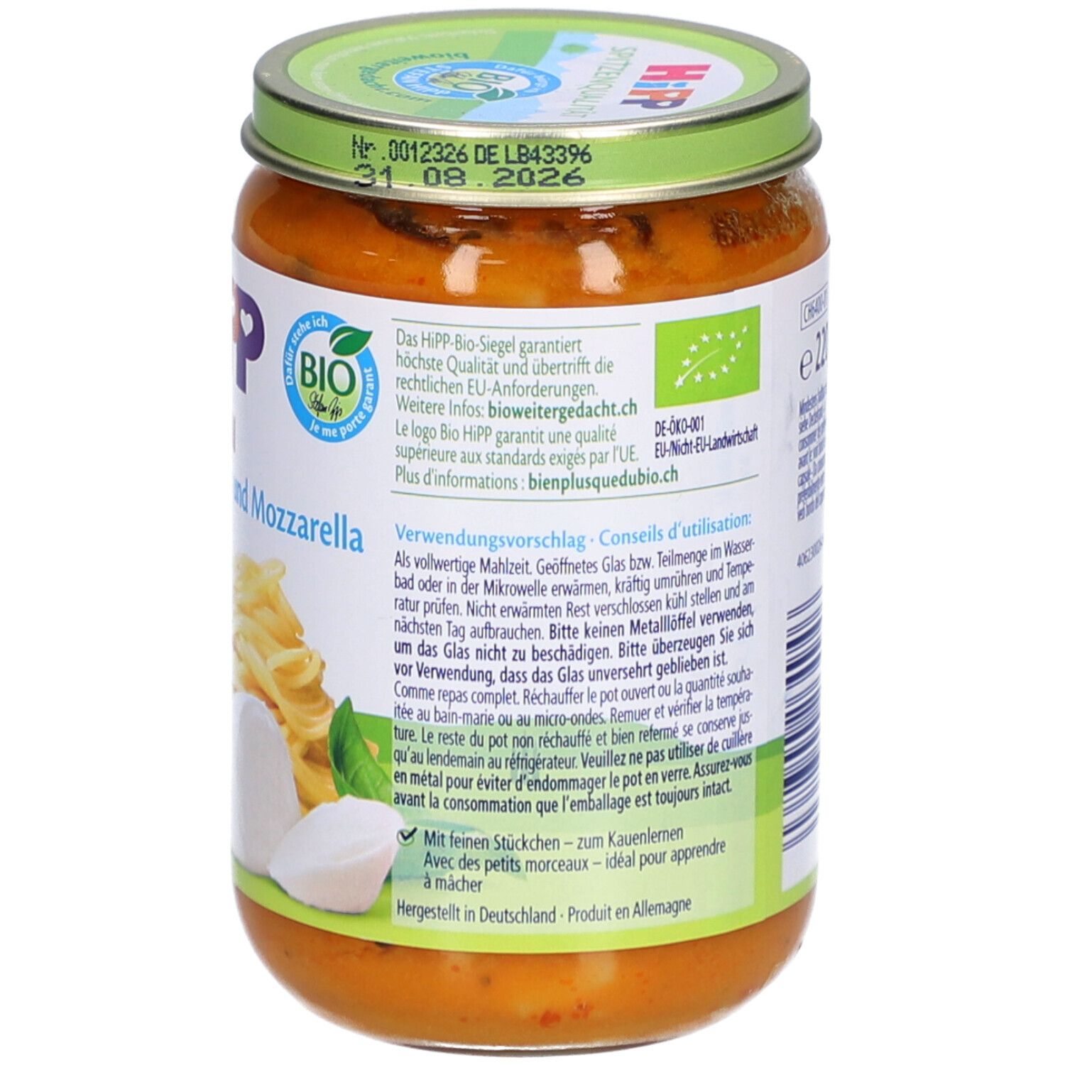 Rückseite des Glases mit HiPP Pasta Bambini. Informationen zur Verwendung. Bio-Siegel. 220g.