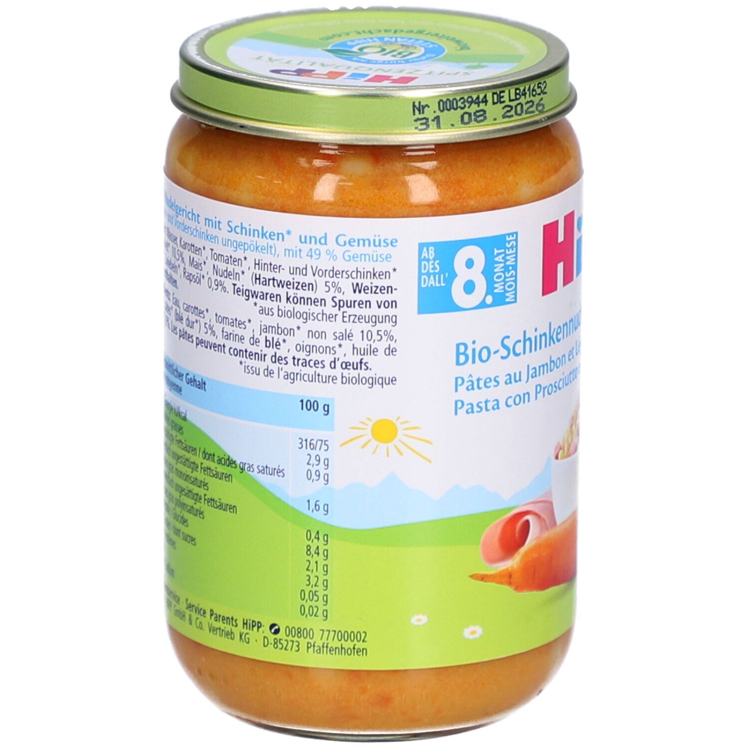Dos du pot de HiPP Bio-Schinkennudeln mit Gemüse. Liste des ingrédients et informations nutritionnelles.