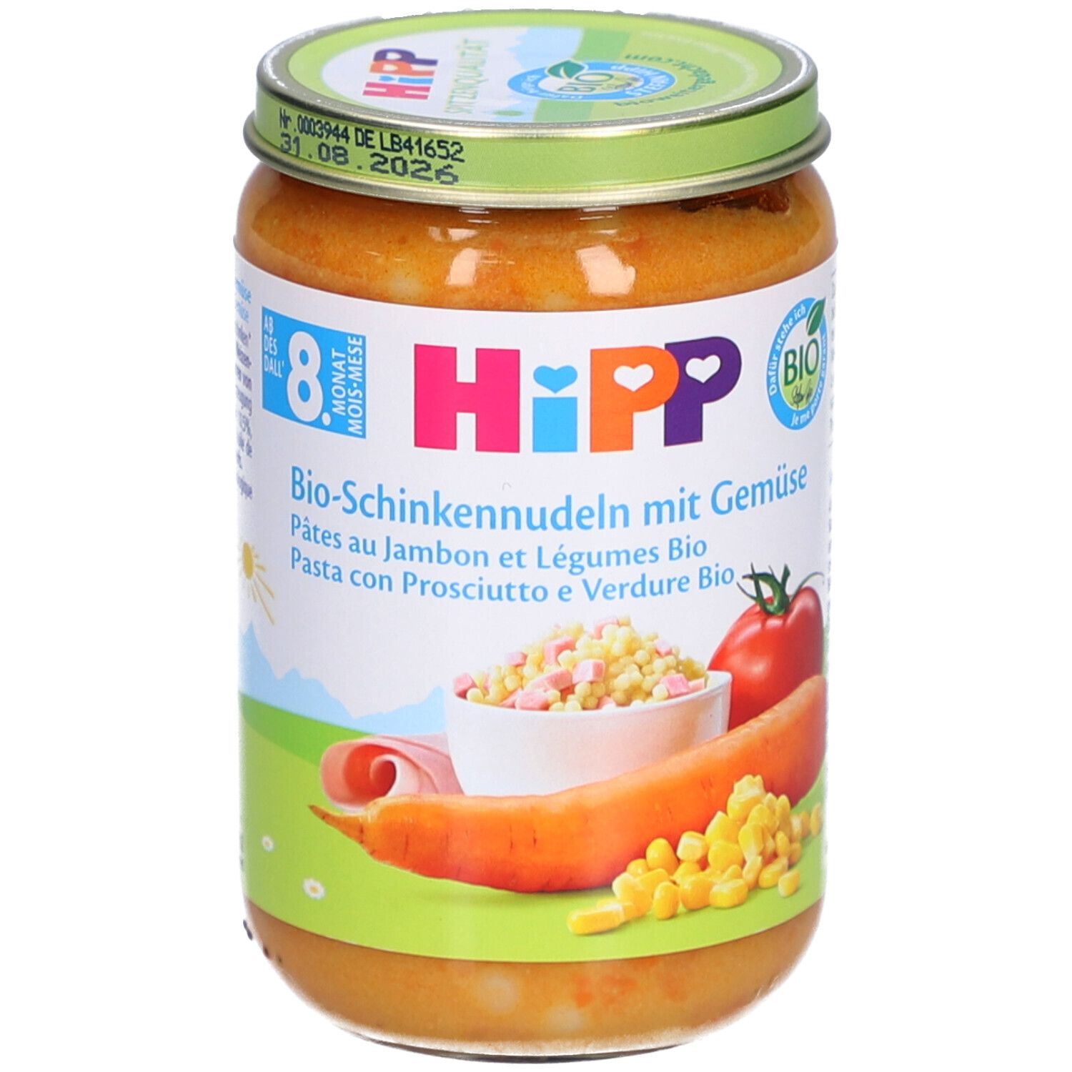 Pot de HiPP Bio-Schinkennudeln mit Gemüse. Dès 8 mois. Illustrations de légumes et de pâtes.