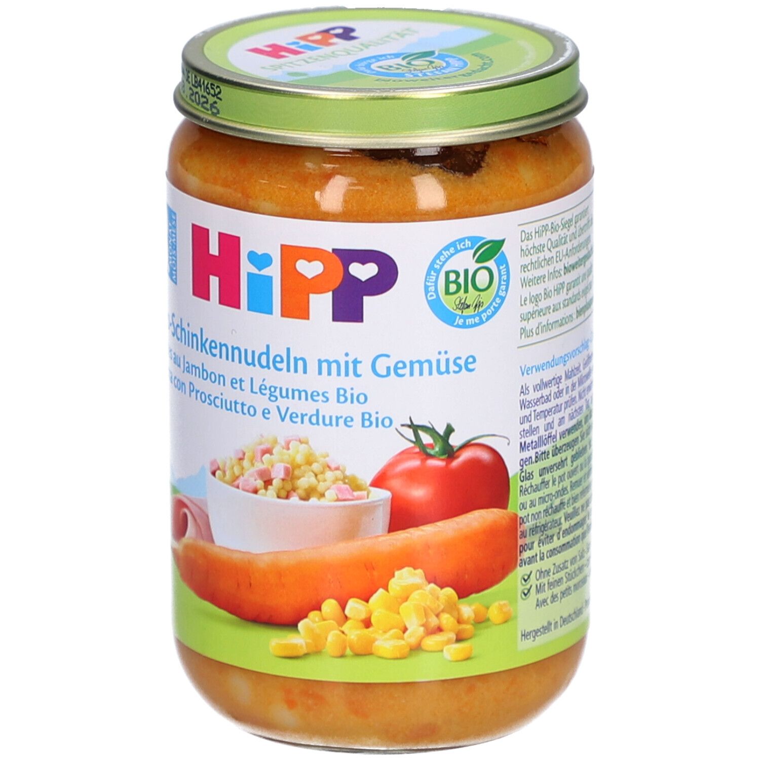 Pot de HiPP Bio-Schinkennudeln mit Gemüse. Dès 8 mois. Illustrations de légumes et de pâtes.