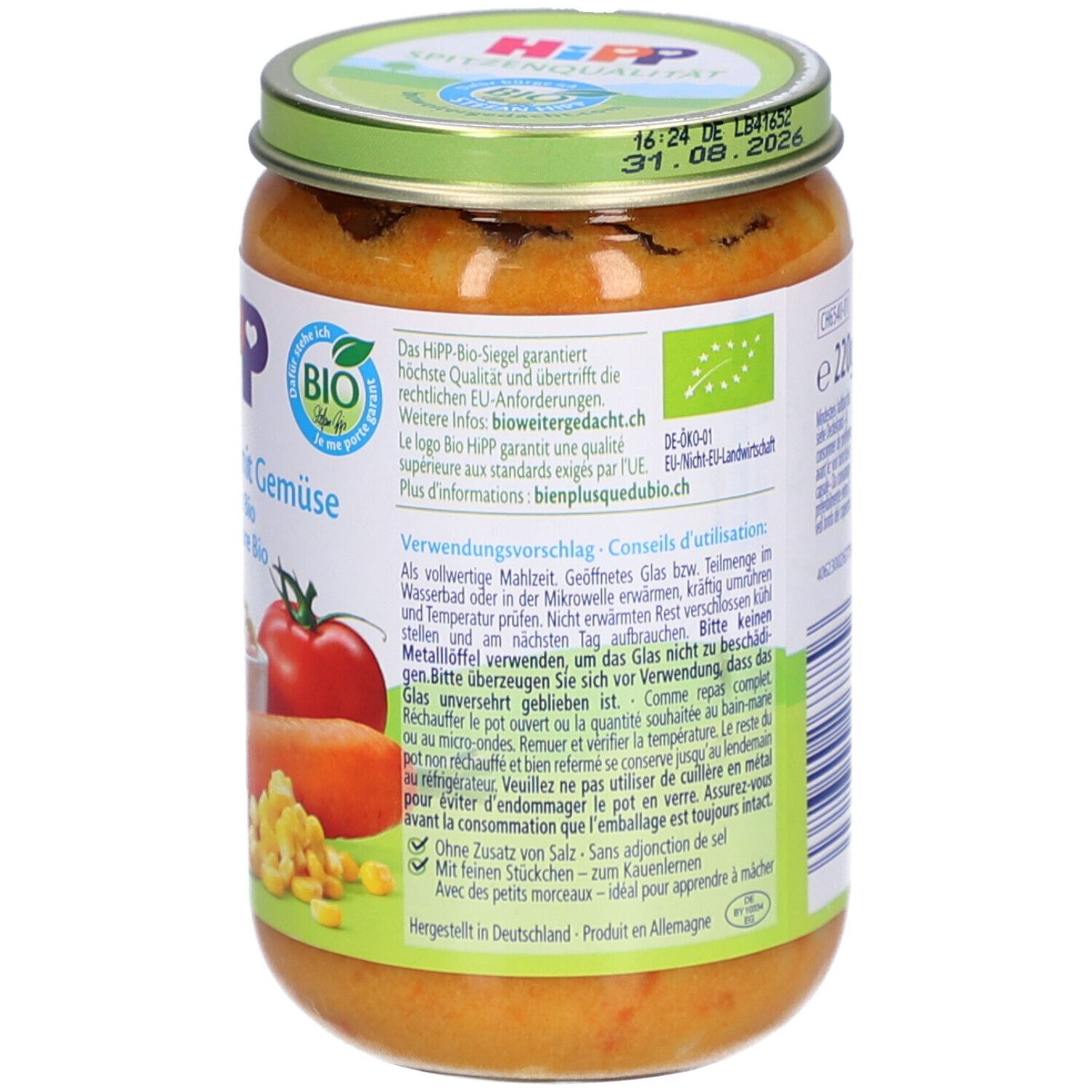 Dos du pot de HiPP Bio-Schinkennudeln mit Gemüse. Informations d'utilisation et ingrédients.