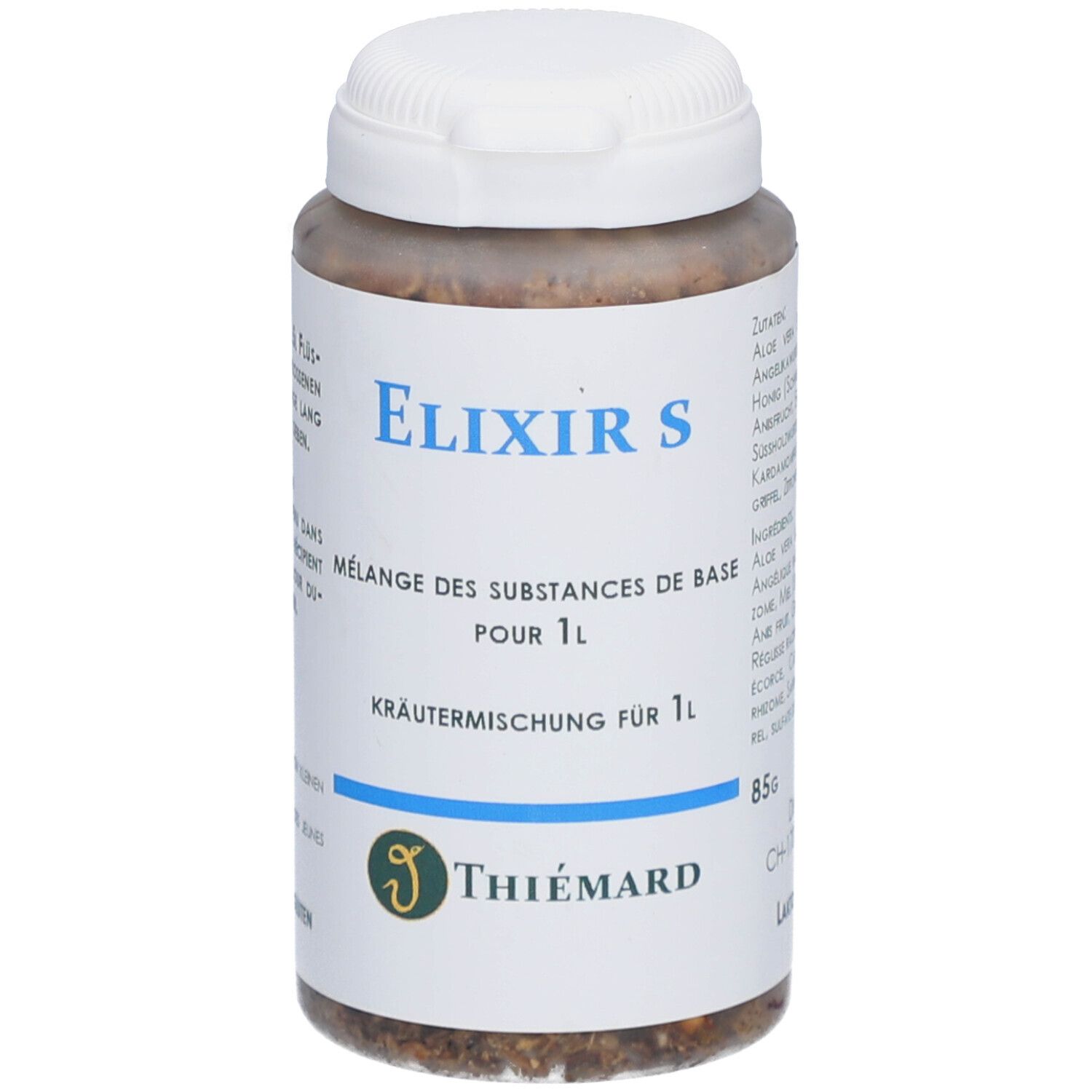 Weißes Kunststoffgefäß mit Kräutermischung. Aufschrift: Elixier S, Kräutermischung für 1L. Marke Thiémard.
