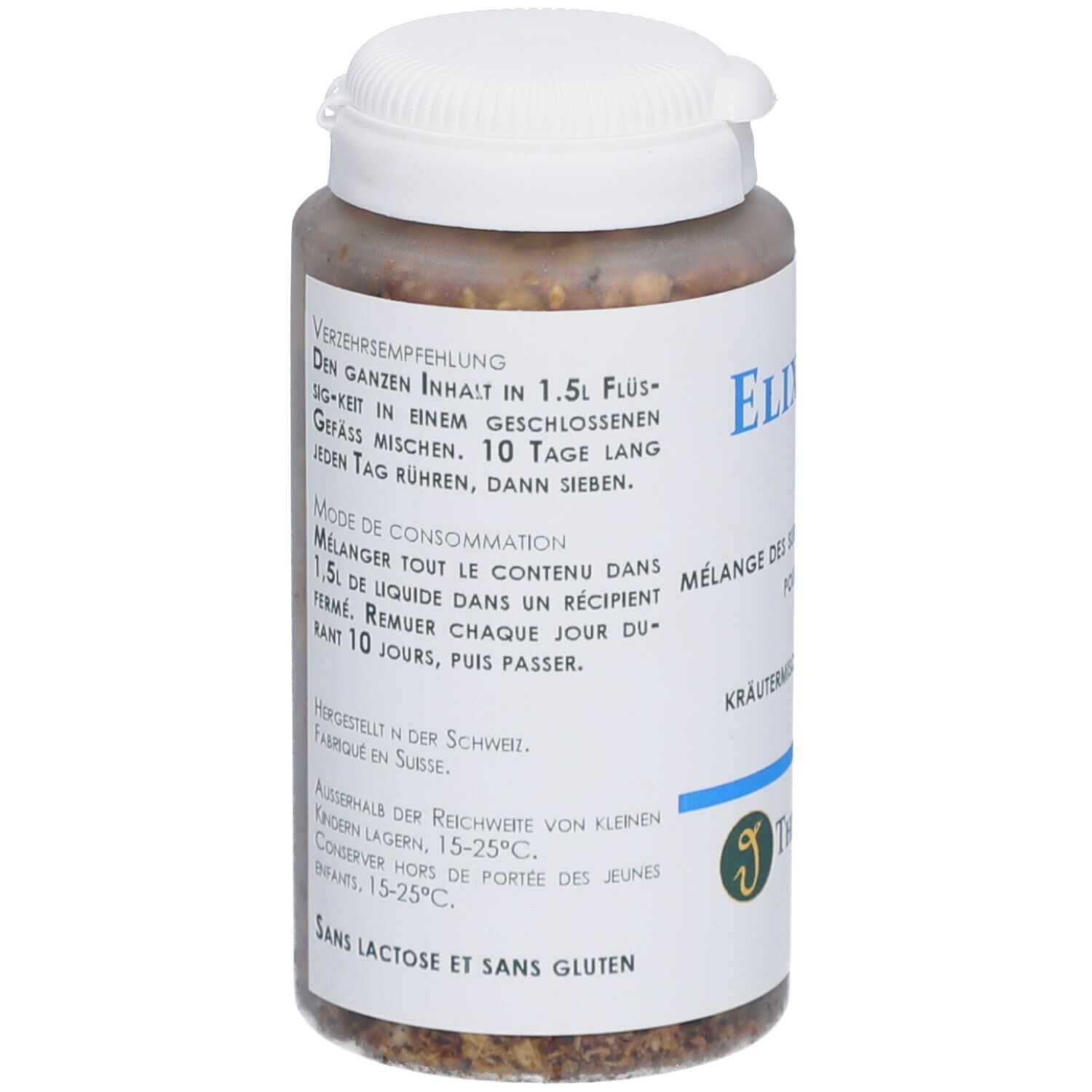 Weißes Kunststoffgefäß mit Kräutermischung. Text: Gebrauchsanweisung, 1.5L Flüssigkeit, 10 Tage rühren. Ohne Laktose und Gluten.