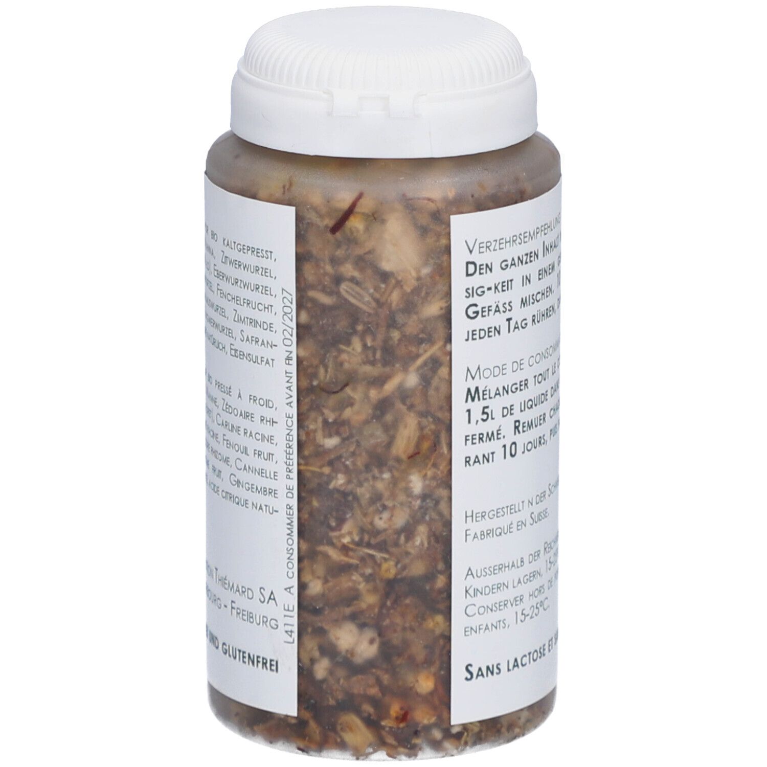 Weißes Kunststoffgefäß mit Kräutermischung. Rückseite mit Text. Ohne Laktose und Gluten. Hergestellt in der Schweiz.