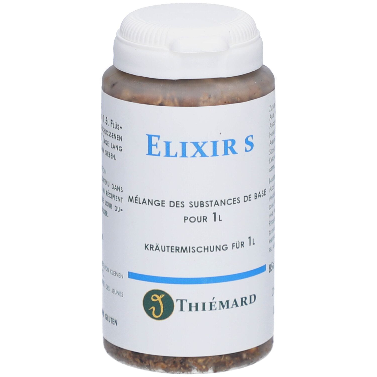 Weißes Kunststoffgefäß mit Kräutermischung. Aufschrift: Elixier S, Kräutermischung für 1L. Marke Thiémard.