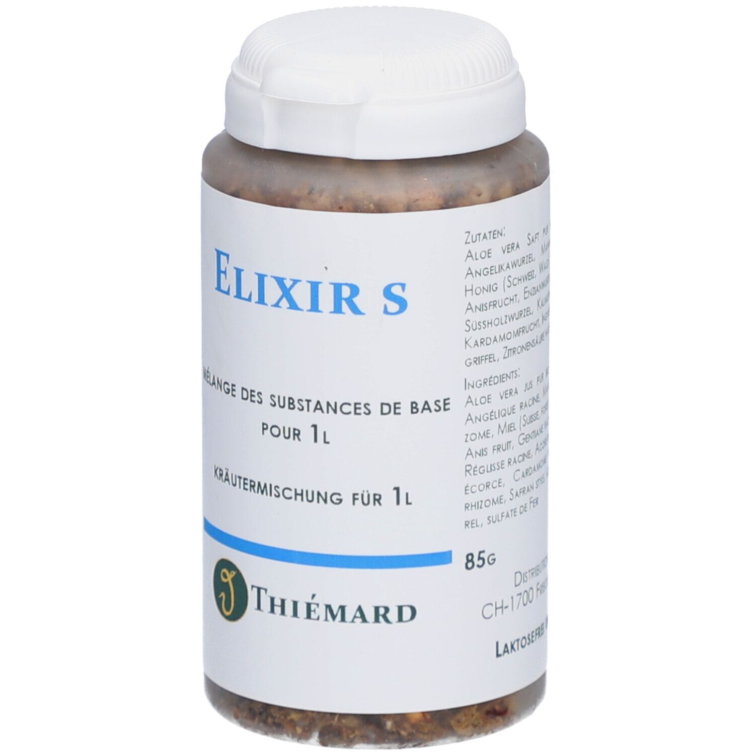 Weißes Kunststoffgefäß mit Kräutermischung. Aufschrift: Elixier S, Kräutermischung für 1L. Marke Thiémard. 85g.