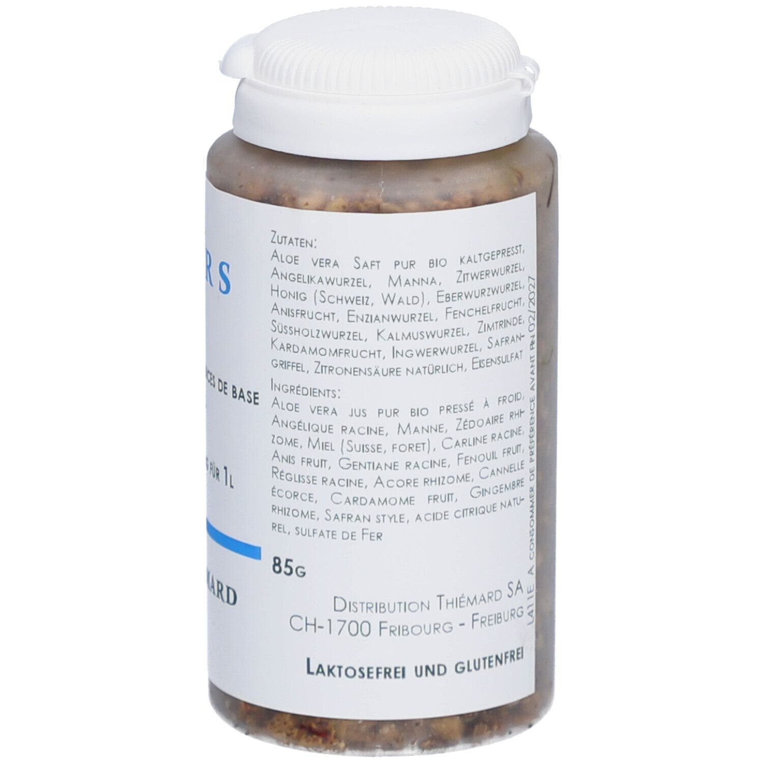 Weißes Kunststoffgefäß mit Kräutermischung. Aufschrift: Elixier S, Kräutermischung für 1L. Marke Thiémard. 85g. Zutatenliste.