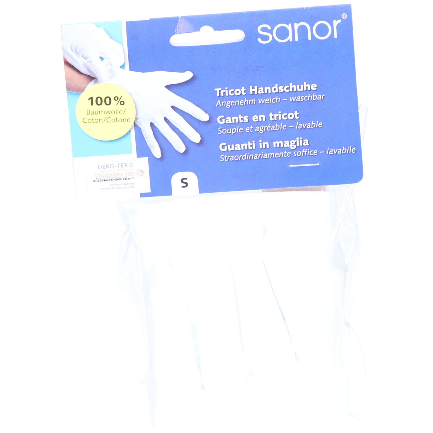 Gants SANOR Tricot blancs, taille S, emballés. Coton. Inscriptions : '100% Baumwolle', 'sanor', 'Tricot Handschuhe'.