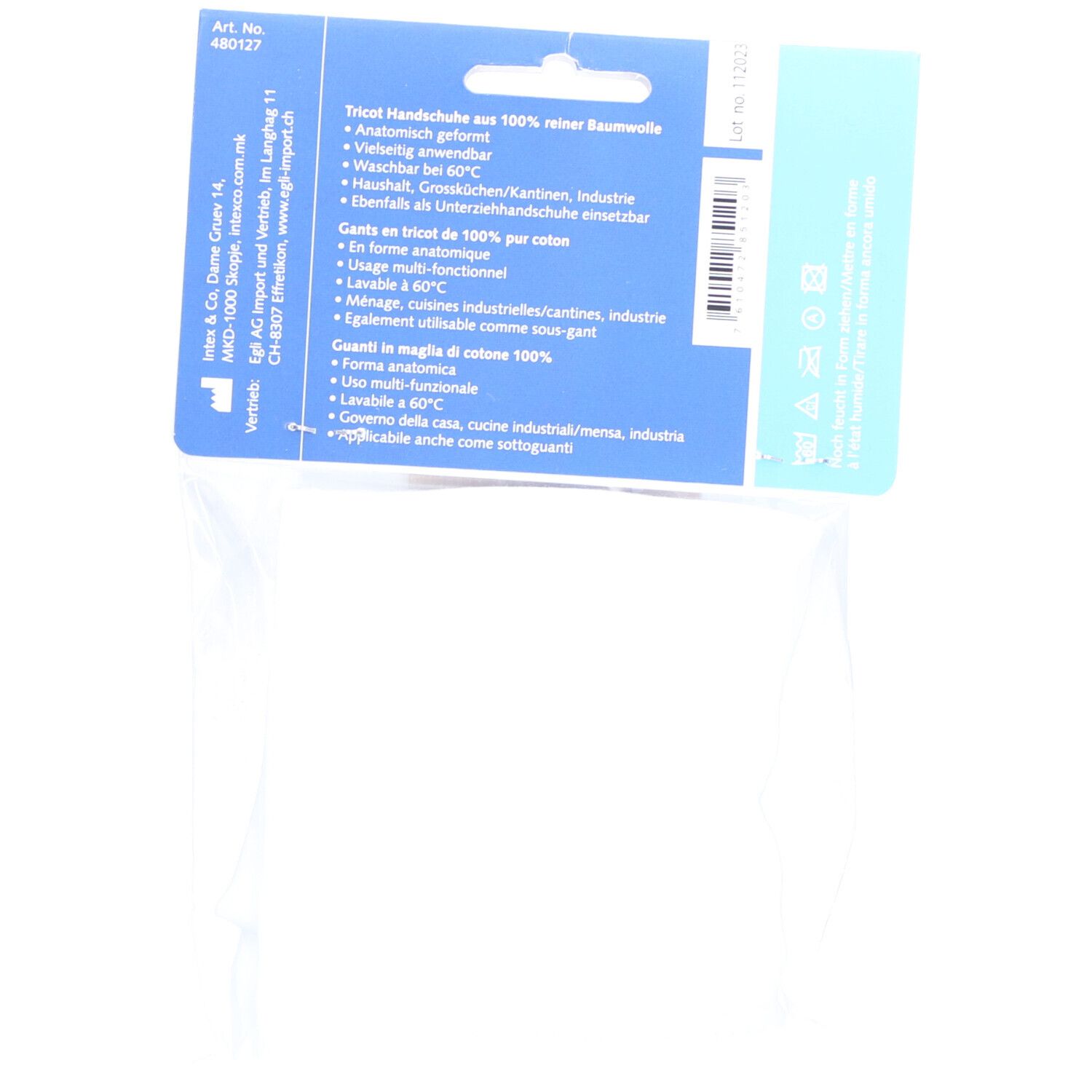 Dos de l'emballage avec informations produit. Texte en allemand, français et italien. Lavable à 60°C.