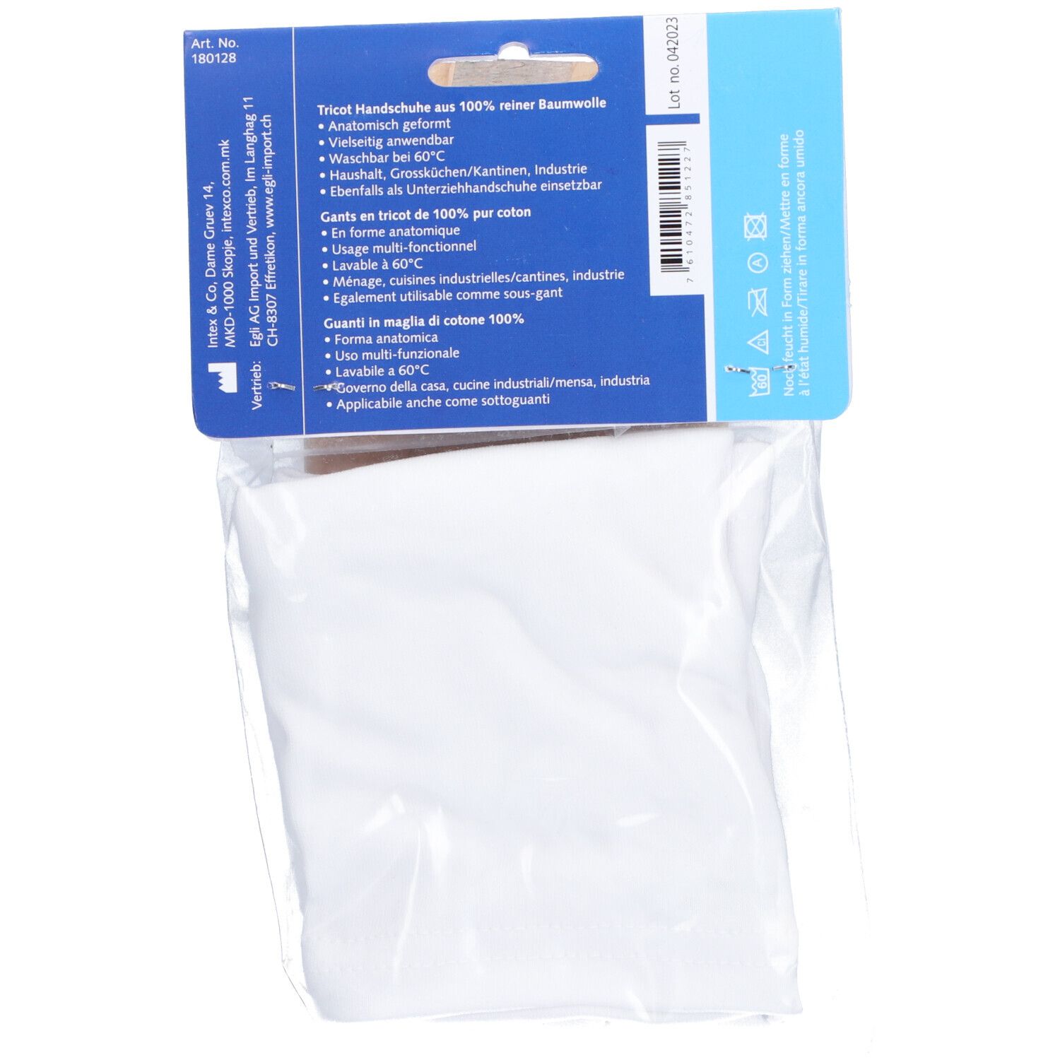 Rückseite der Verpackung von SANOR Tricot Handschuhen. Text in Deutsch, Französisch und Italienisch. Enthält Informationen.