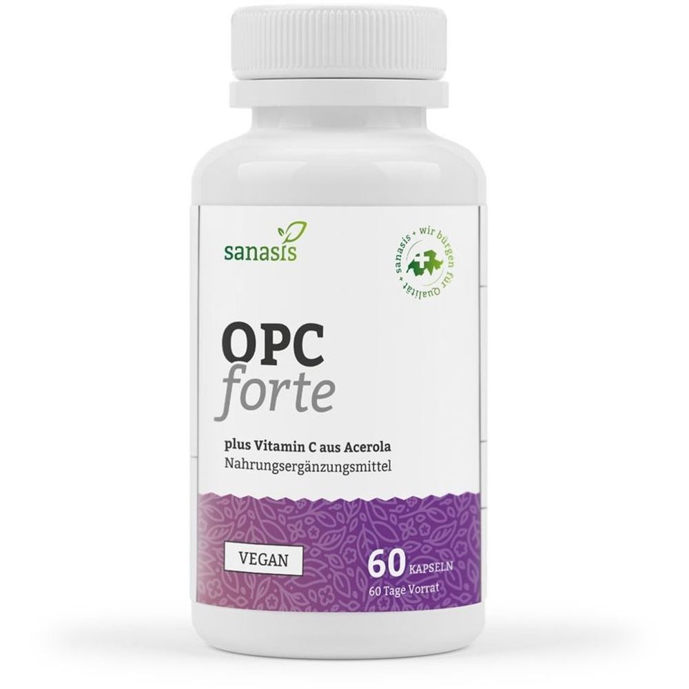Weiße Flasche mit Kapseln. Aufschrift: OPC forte, plus Vitamin C. Vegan-Siegel. 60 Kapseln.