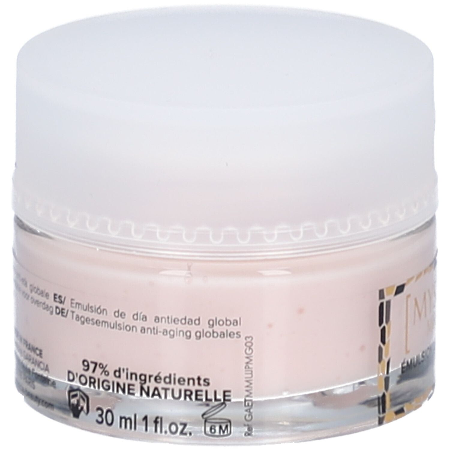 Runder Tiegel mit rosa Creme und weißem Deckel. Aufschrift: 97% d'ingrédients d'origine naturelle. 30 ml 1 fl.oz.