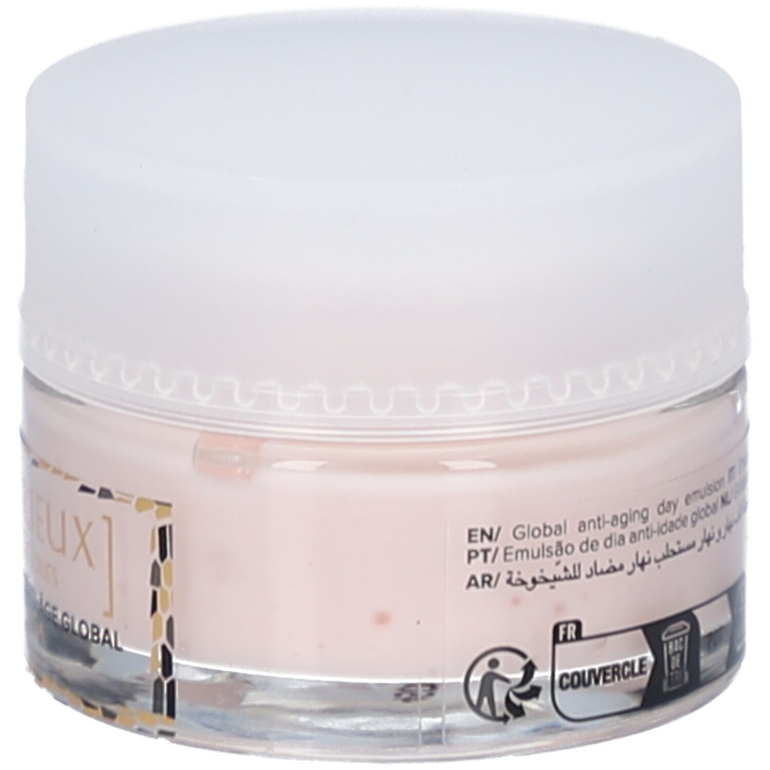 Runder Tiegel mit rosa Creme und weißem Deckel. Aufschrift: Global anti-aging day emulsion. Recycling-Symbol.