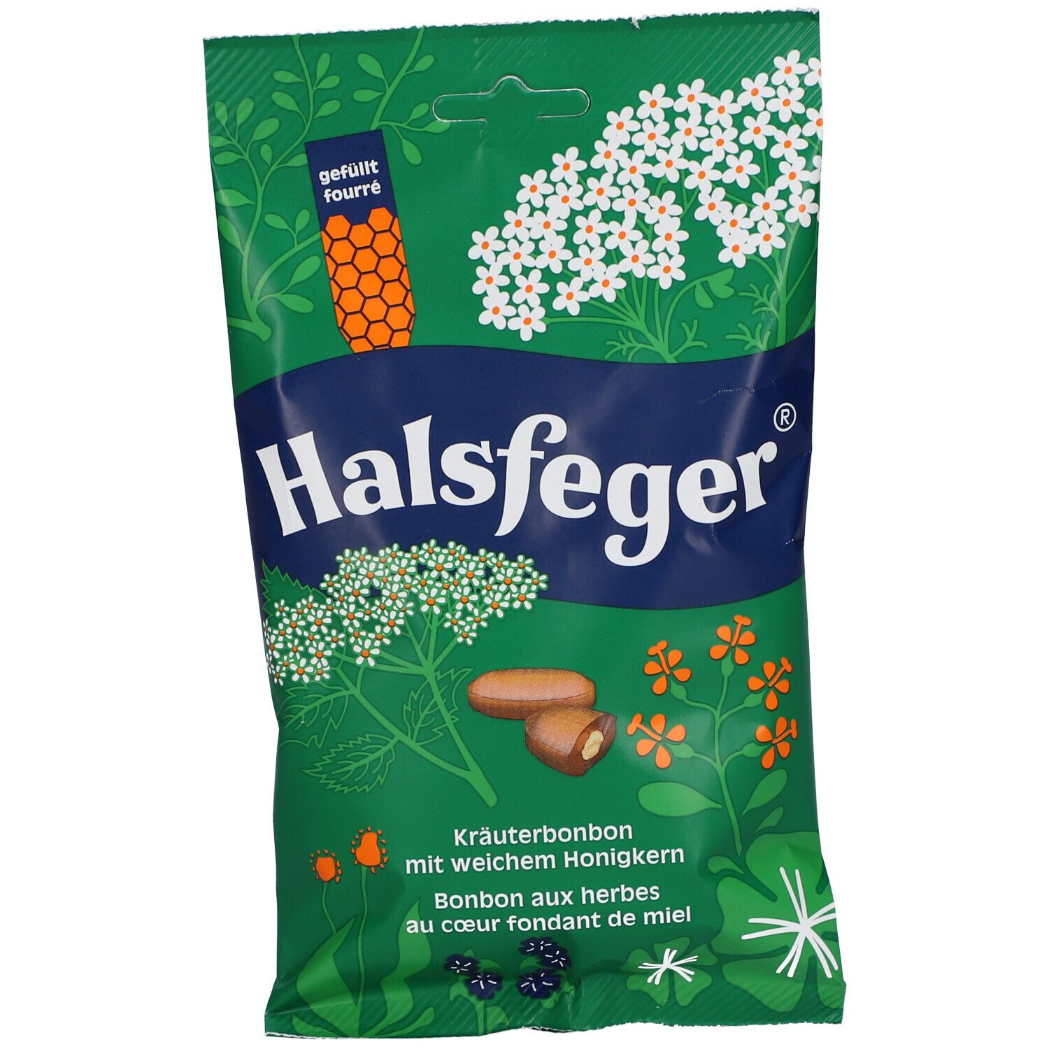 Grüne Verpackung mit Halsfeger Kräuterbonbons. Gezeigt werden Kräuterbonbons mit Honigkern, Illustrationen und Produktnamen.