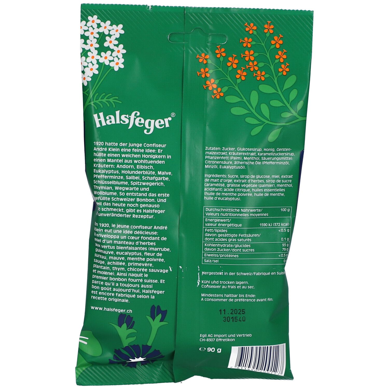 Rückseite der grünen Halsfeger Kräuterbonbon-Verpackung. Textinformationen, Nährwertangaben und Mindesthaltbarkeitsdatum sind sichtbar.