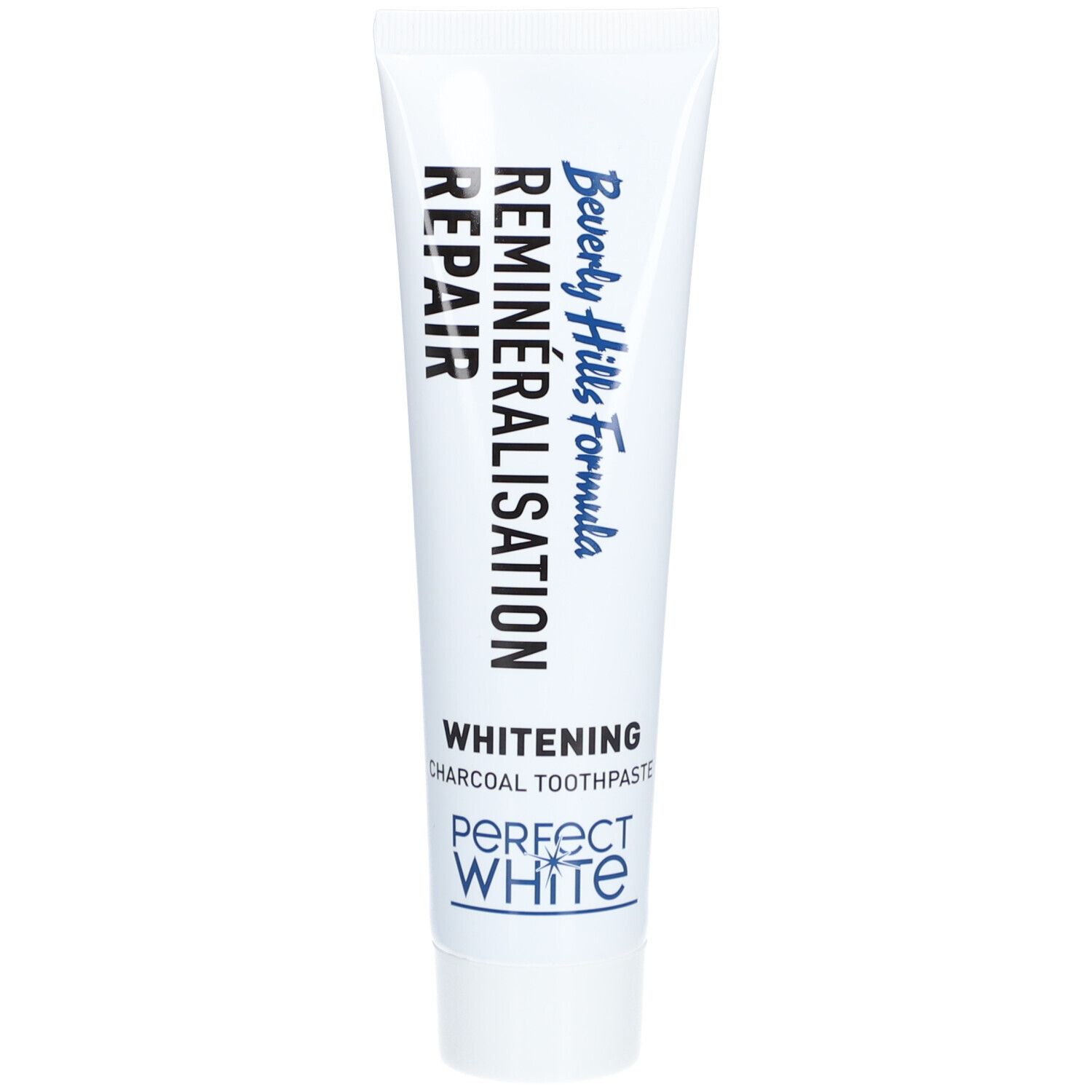 Zahncreme-Tube, weiß, mit blauer und schwarzer Schrift. Aufschrift: REMINERALISATION REPAIR, Whitening, Perfect White.