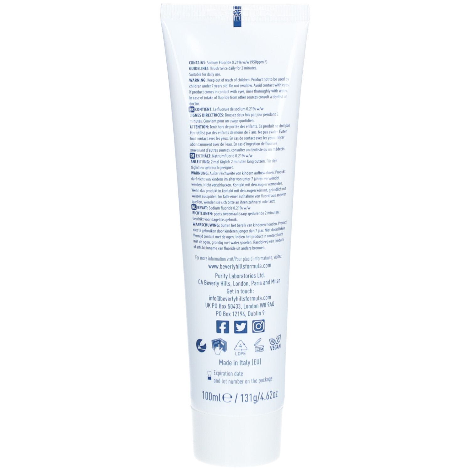 Rückseite der Zahncreme-Tube mit Text in mehreren Sprachen. Enthält Informationen zu Inhaltsstoffen und Hersteller.