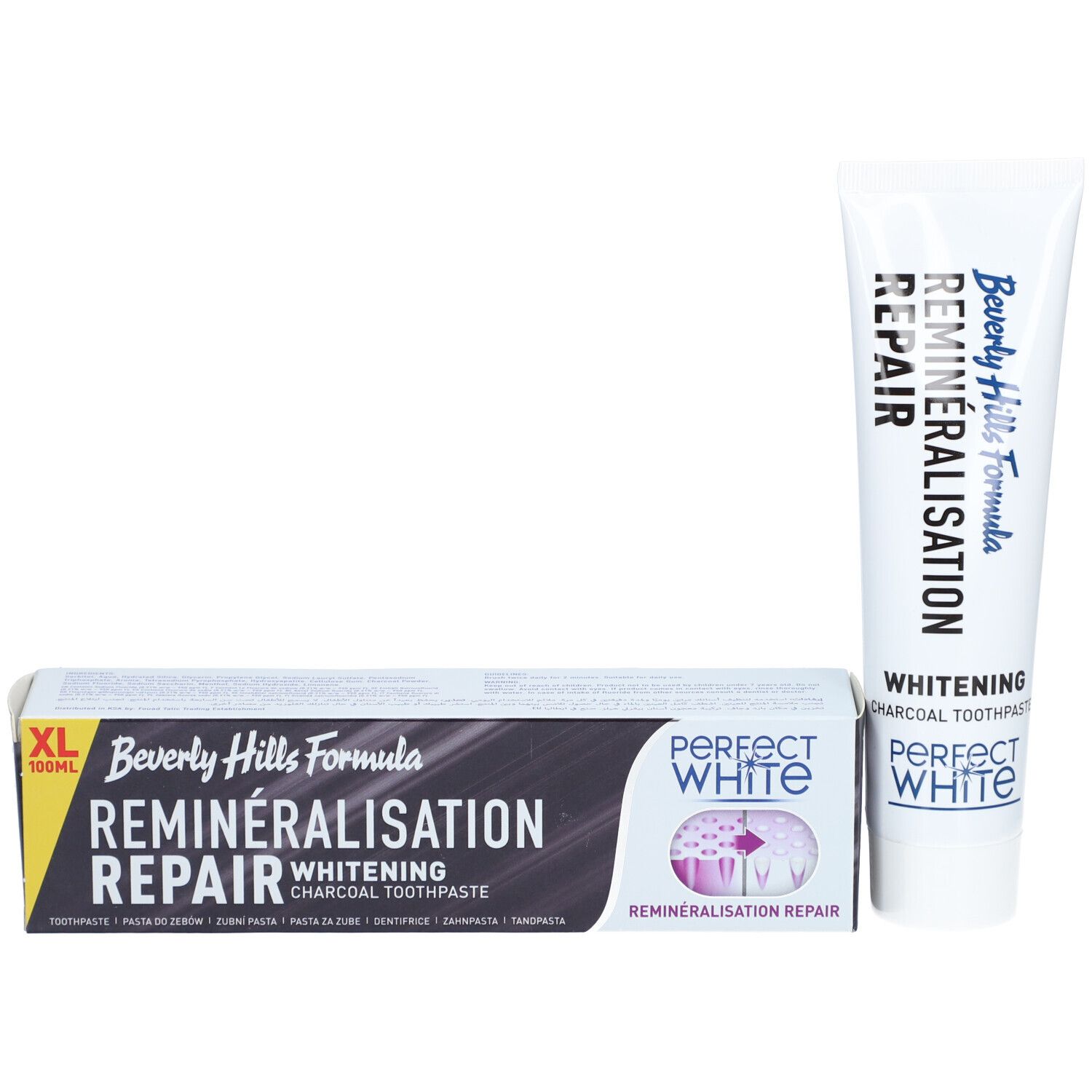 Zahncreme-Tube und Schachtel. Schachtel: schwarz, weißer Text. Aufschrift: REMINERALISATION REPAIR, Whitening, Perfect White.