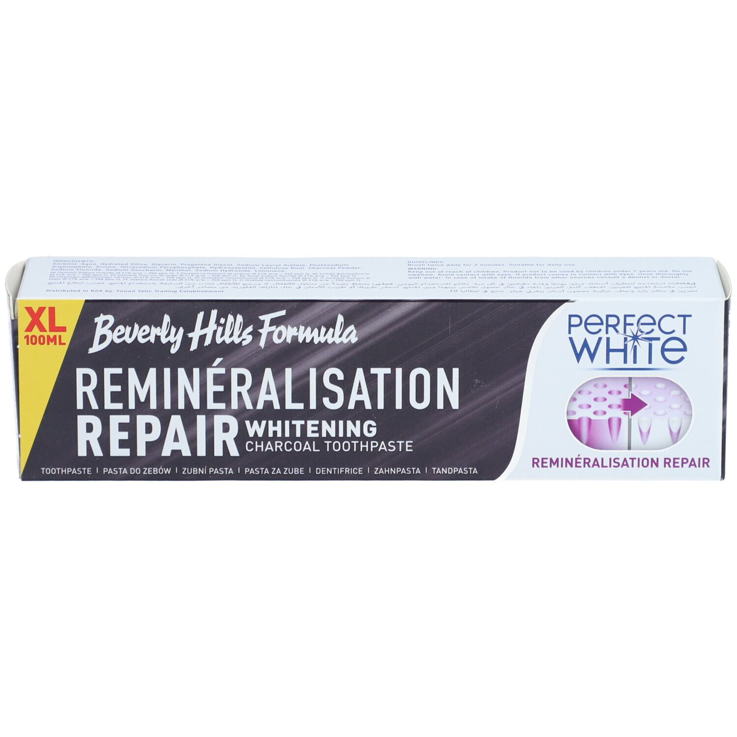 Schachtel, schwarz mit weißem Text. Aufschrift: REMINERALISATION REPAIR, Whitening, Perfect White. XL-Kennzeichnung.