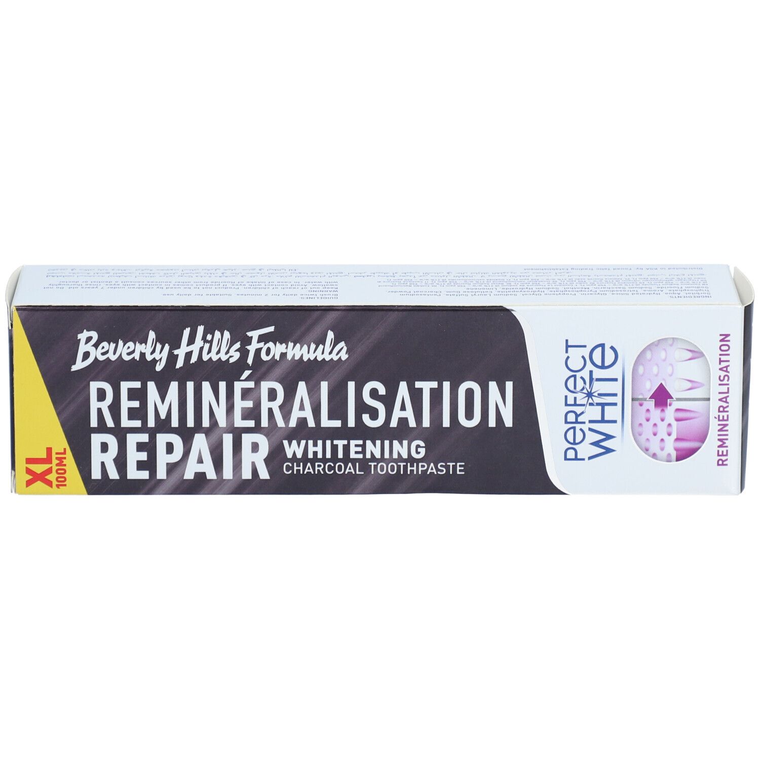 Schachtel, schwarz mit weißem Text. Aufschrift: REMINERALISATION REPAIR, Whitening, Perfect White. XL-Kennzeichnung.