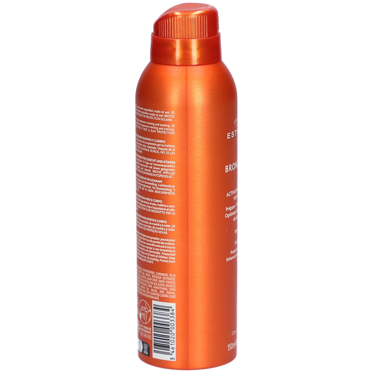 Orangefarbene Sprühflasche. Seitliche Ansicht. Text auf der Flasche. Barcode und weitere Informationen.