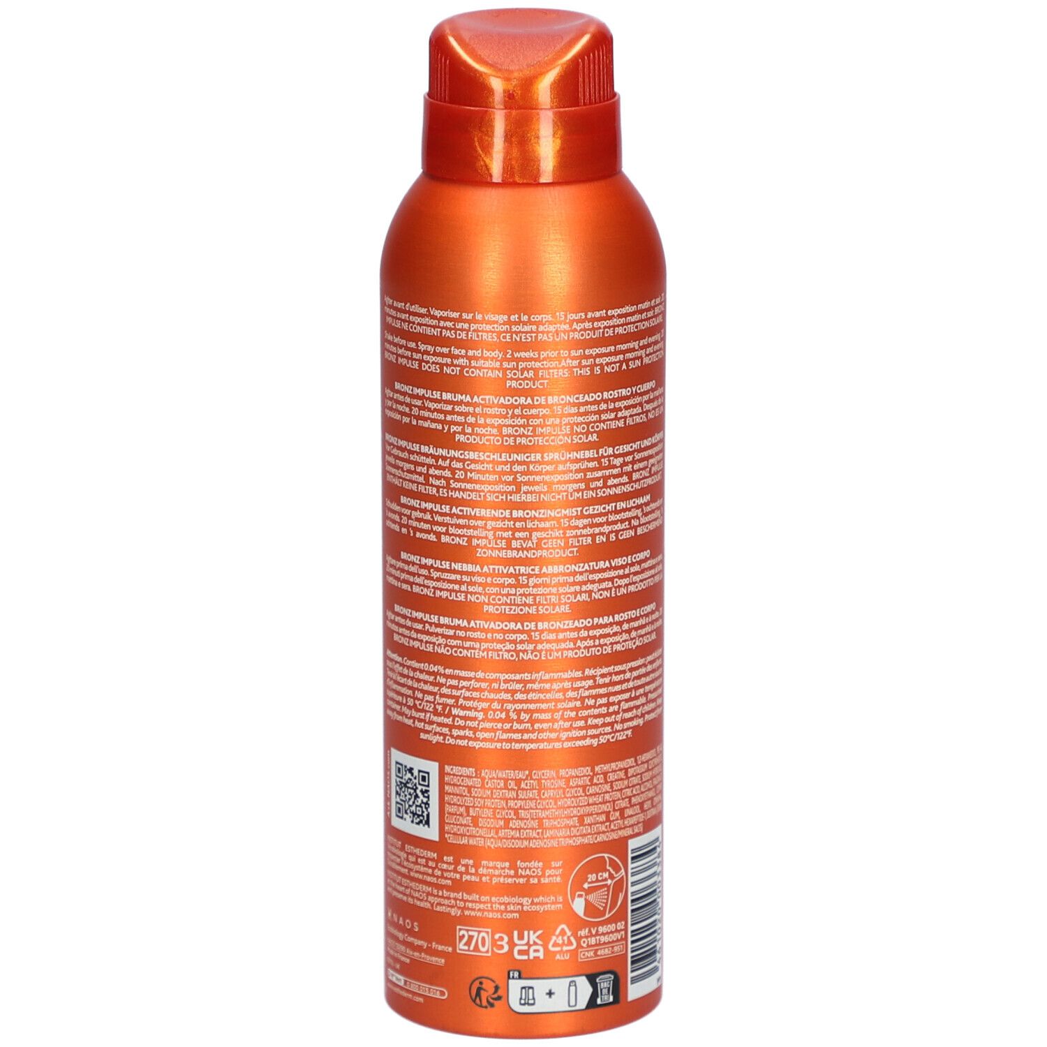 Orangefarbene Sprühflasche. Rückseite mit Text und Symbolen. Barcode und weitere Informationen.