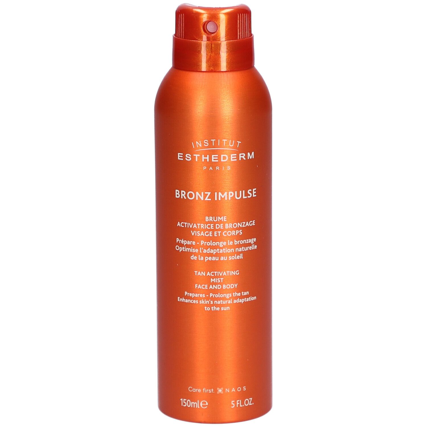 Bronz Impulse Spray. Orangefarbene Sprühflasche mit Sprühkopf. Schriftzug: Institut Esthederm, Bronz Impulse, Gesicht & Körper.