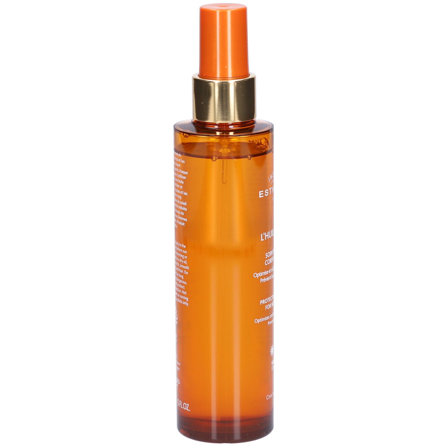 Sonnenöl-Sprayflasche, Seitenansicht. Orangefarbenes Glas, goldener Sprühkopf. Text auf Etikett.