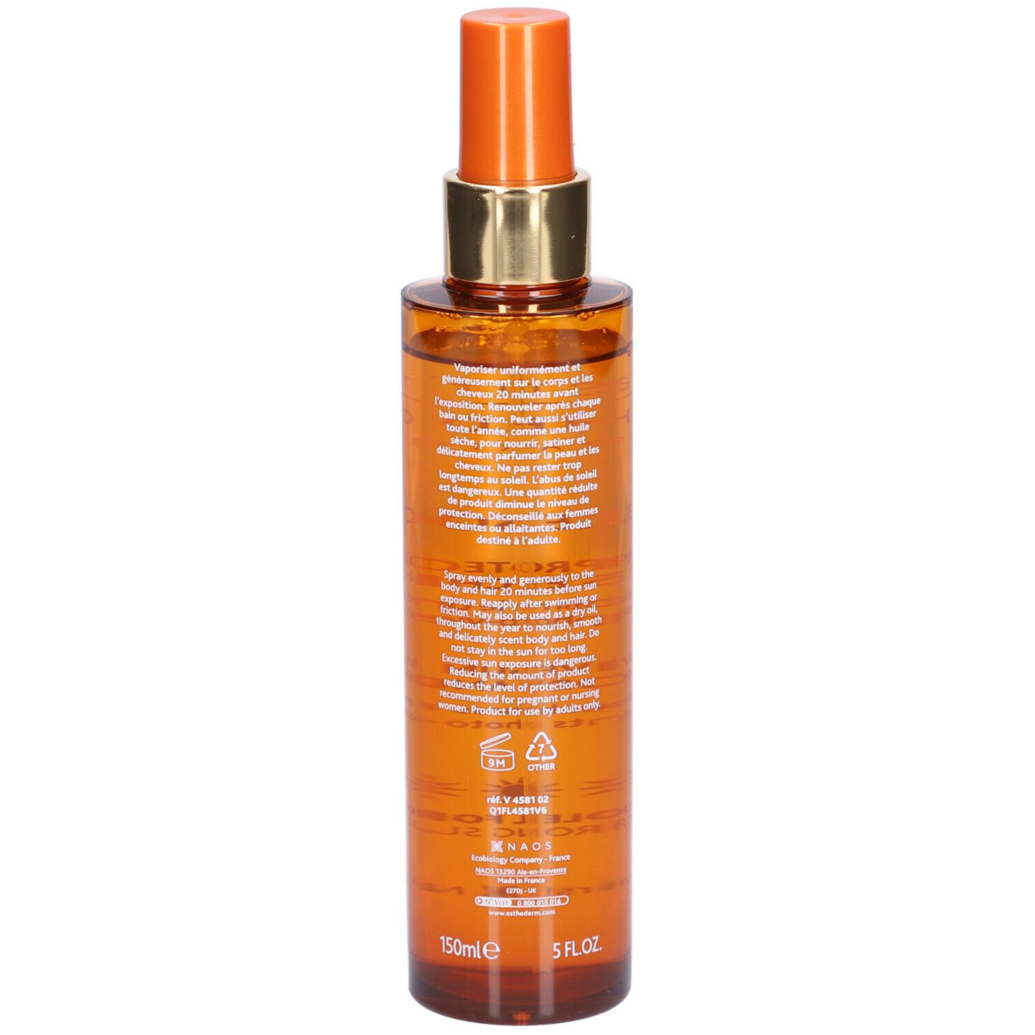 Sonnenöl-Sprayflasche, Rückansicht. Orangefarbenes Glas, goldener Sprühkopf. Text auf Etikett, 150ml, 5 FL.OZ.