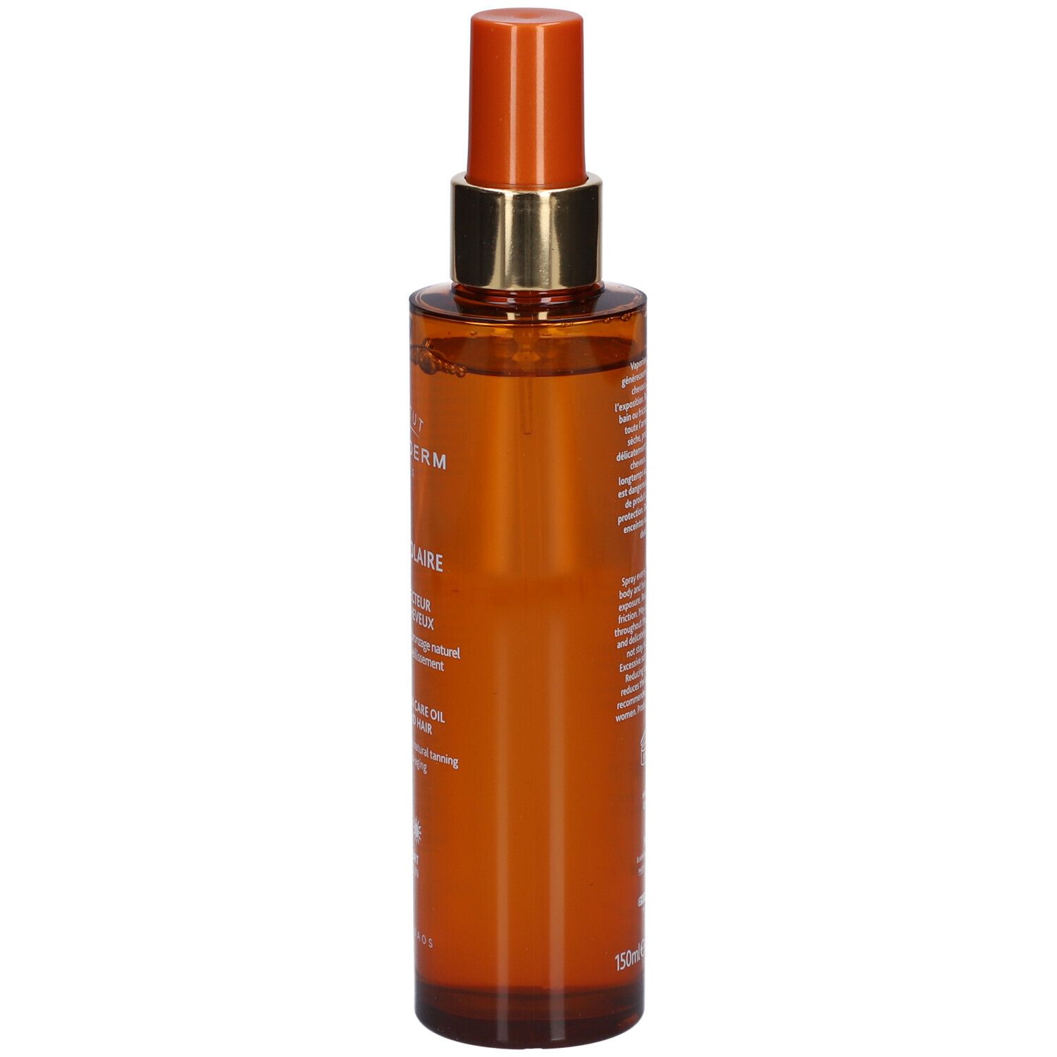 Sonnenöl-Sprayflasche, Seitenansicht. Orangefarbenes Glas, goldener Sprühkopf. Text auf Etikett.