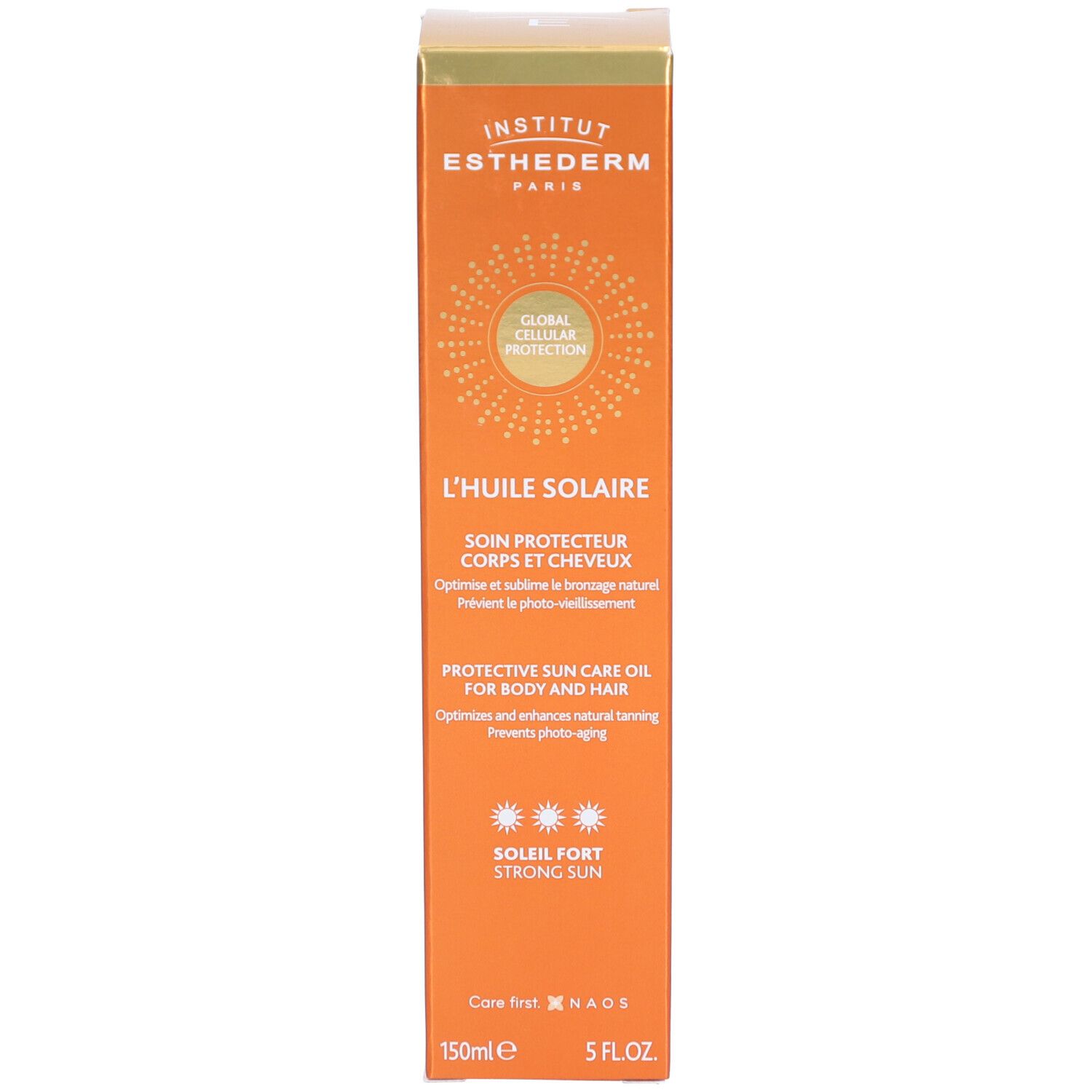 Karton für Sonnenöl. Orangefarben, Text: L'HUILE SOLAIRE, SOIN PROTECTEUR CORPS ET CHEVEUX. 150ml, 5 FL.OZ.