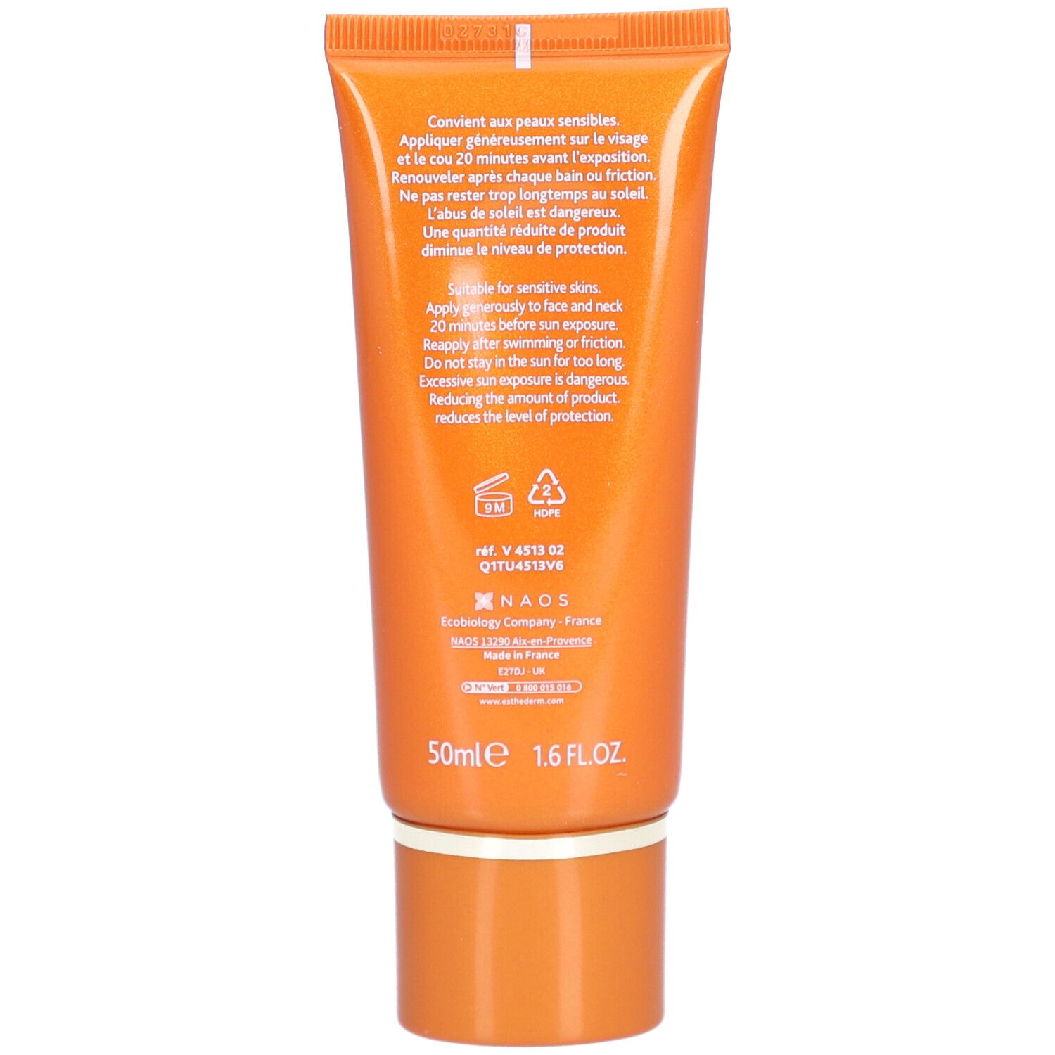 Rückseite der Tube. Text: Anwendungshinweise, 50ml, 1.6 FL.OZ, NAOS, Hinweise für empfindliche Haut, Warnhinweise.