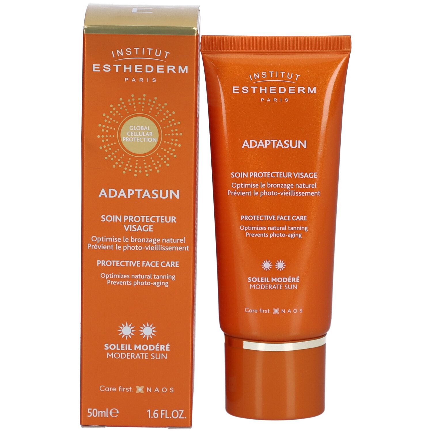 Produkt und Verpackung. Orange Tube und Schachtel. Text: INSTITUT ESTHEDERM, ADAPTASUN, SOIN PROTECTEUR VISAGE, PROTECTIVE FACE CARE, SOLEIL MODERE.