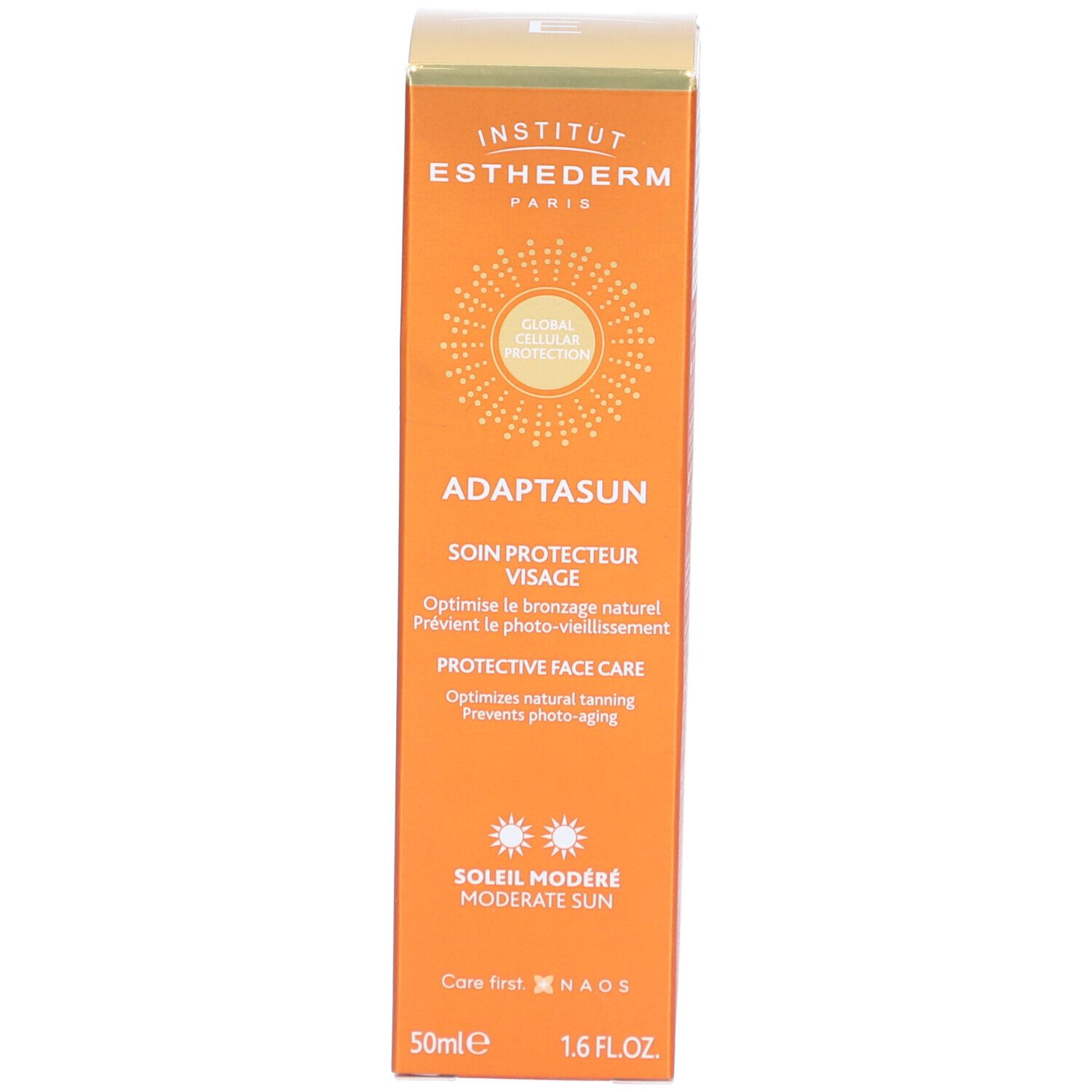 Schachtel, orange. Text: INSTITUT ESTHEDERM, ADAPTASUN, SOIN PROTECTEUR VISAGE, PROTECTIVE FACE CARE, SOLEIL MODERE, 50ml, 1.6 FL.OZ.