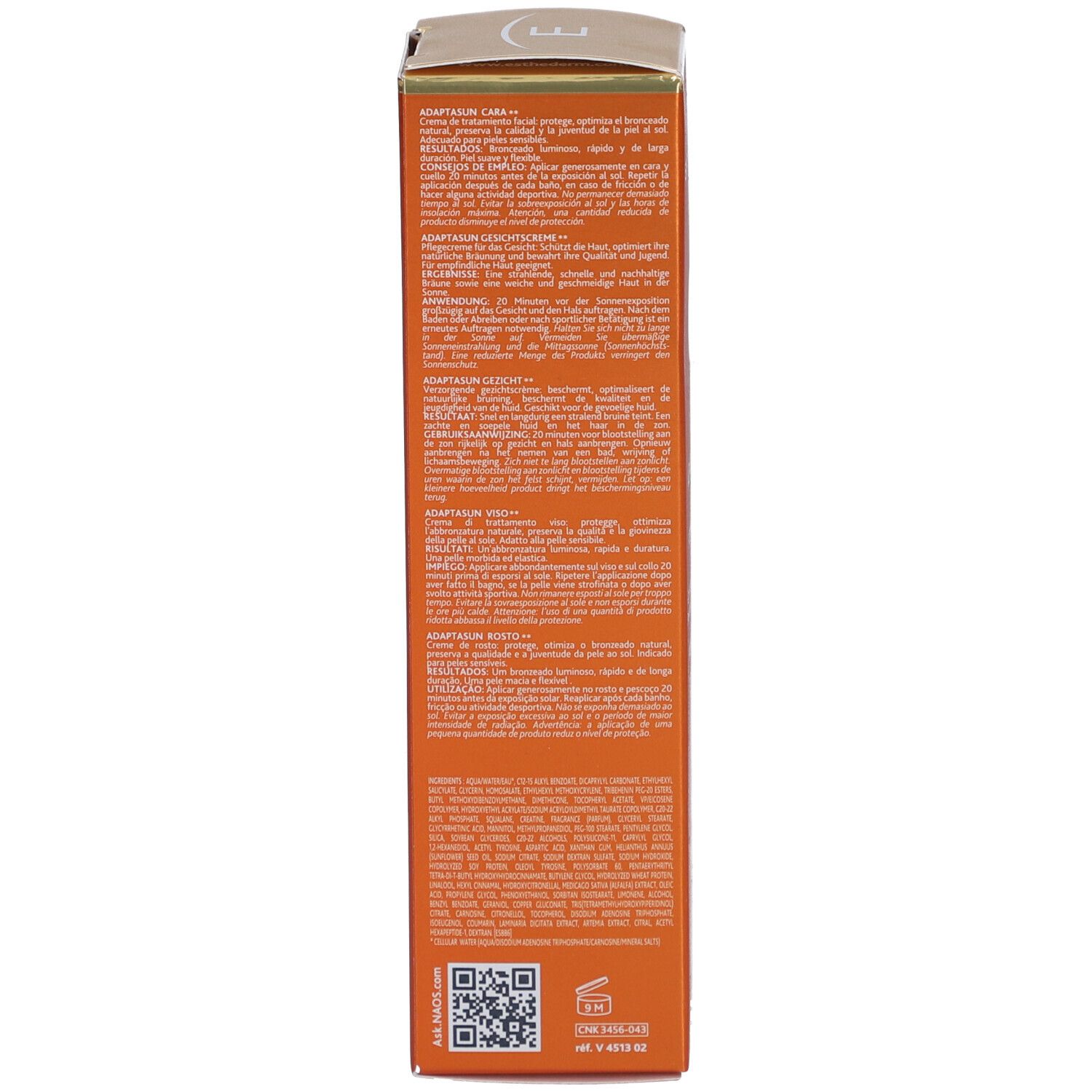 Schachtel, orange. Text: ADAPTASUN, Anwendungshinweise, Inhaltsstoffe, Ergebnisse, QR-Code, 3M, HDPE, NAOS.