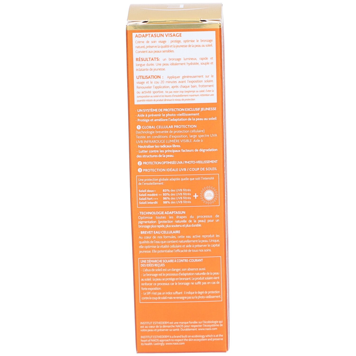 Schachtel, orange. Text: ADAPTASUN, Ergebnisse, Anwendung, Global Cellular Protection, UV-Schutz, Inhaltsstoffe, NAOS.