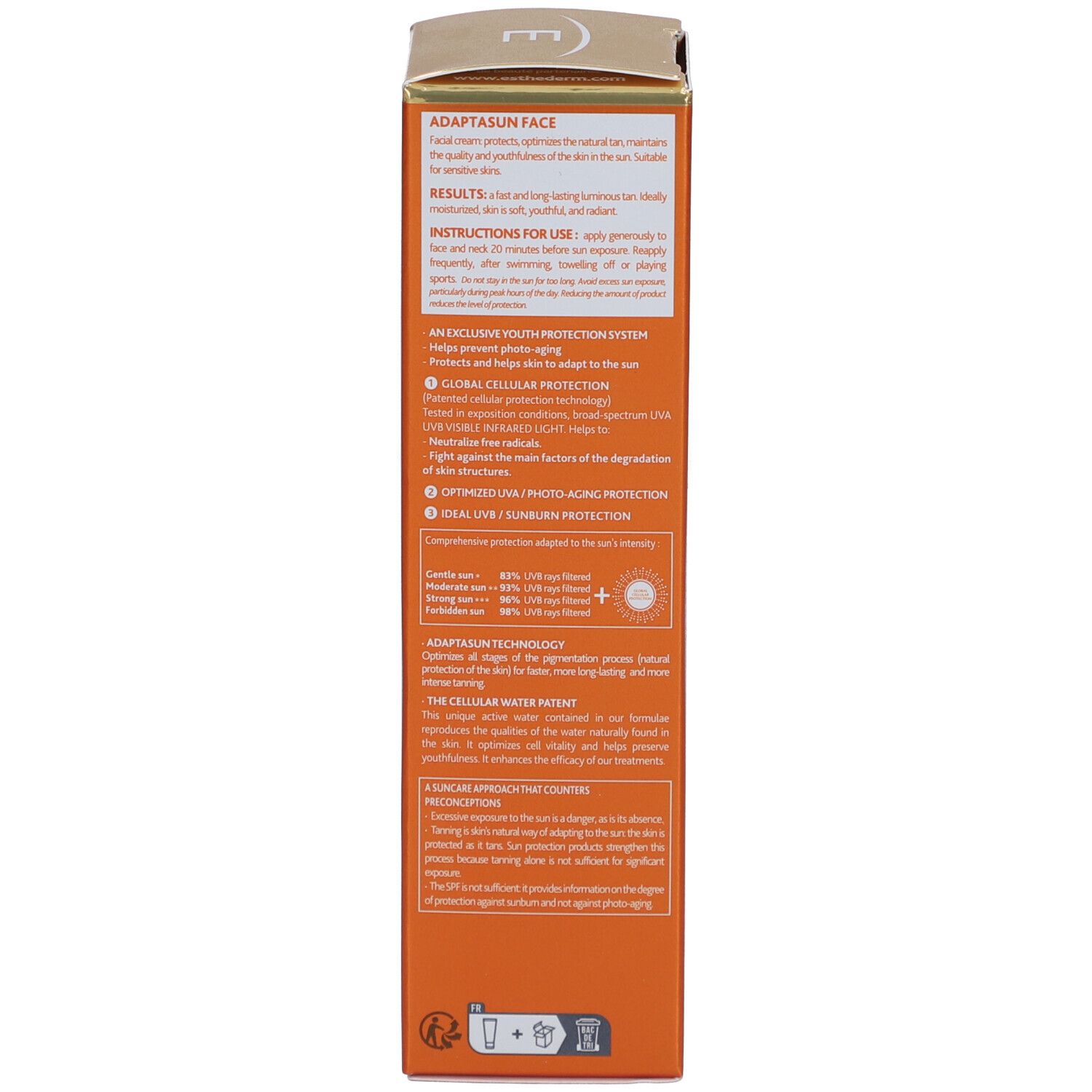 Schachtel, orange. Text: ADAPTASUN, Ergebnisse, Anwendung, Global Cellular Protection, UV-Schutz, Inhaltsstoffe, NAOS.
