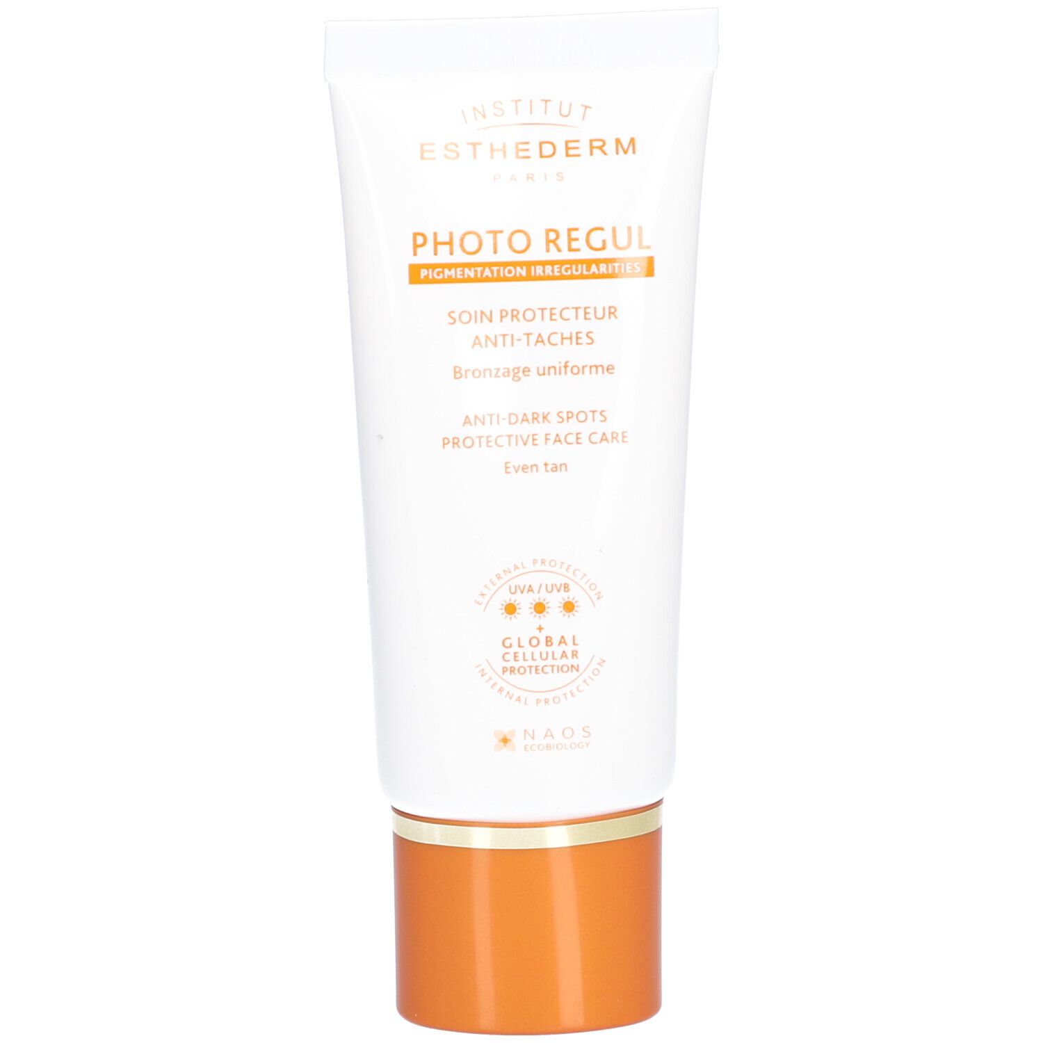 Weiße Tube mit orangefarbenem Verschluss. Aufschrift: Photo Regul, Anti-Flecken-Pflege, SPF50+. Marke: Institut Esthederm.