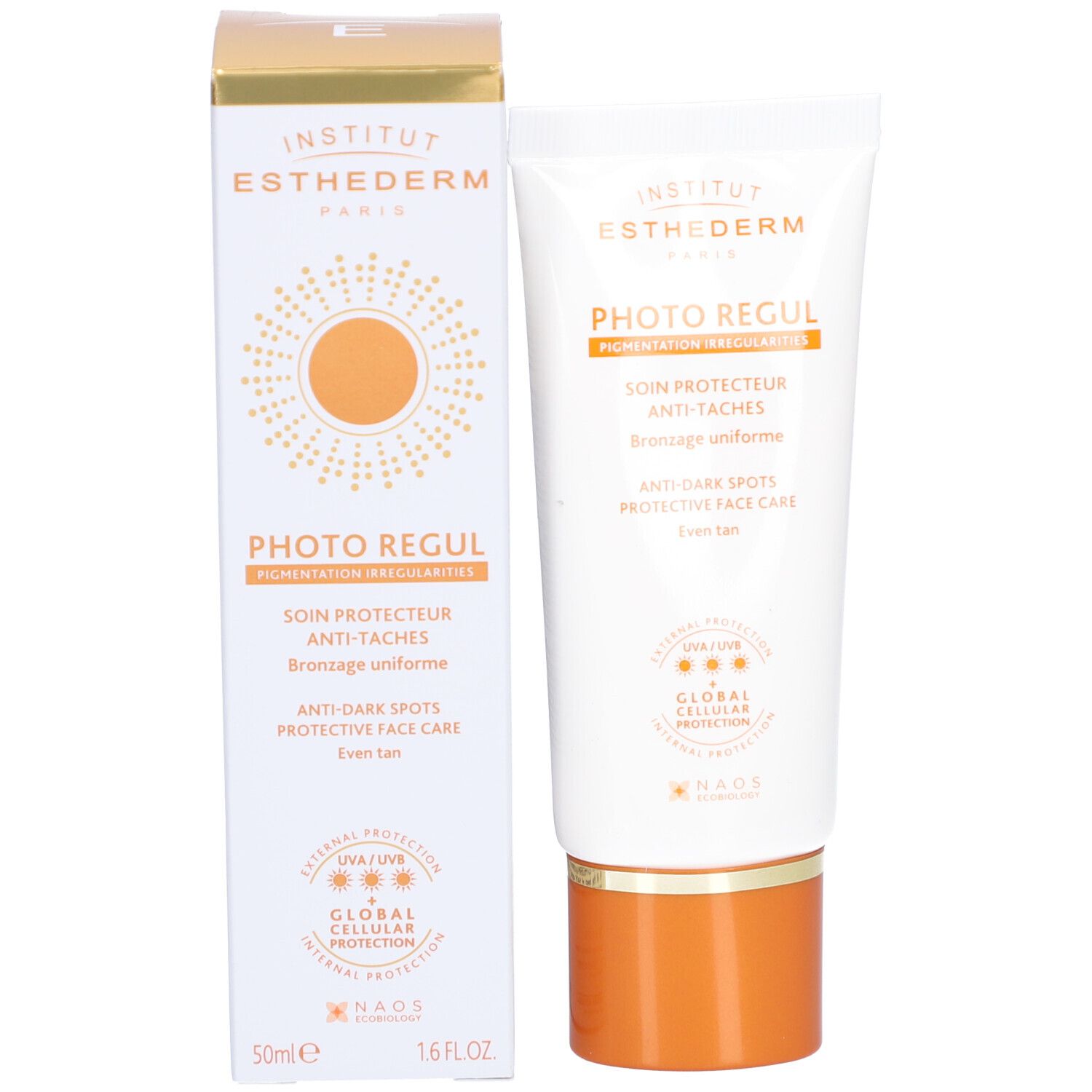 Produktverpackung: Tube und Schachtel. Aufschrift: Photo Regul, Anti-Flecken-Pflege, SPF50+. Marke: Institut Esthederm. Orangefarbene Akzente.