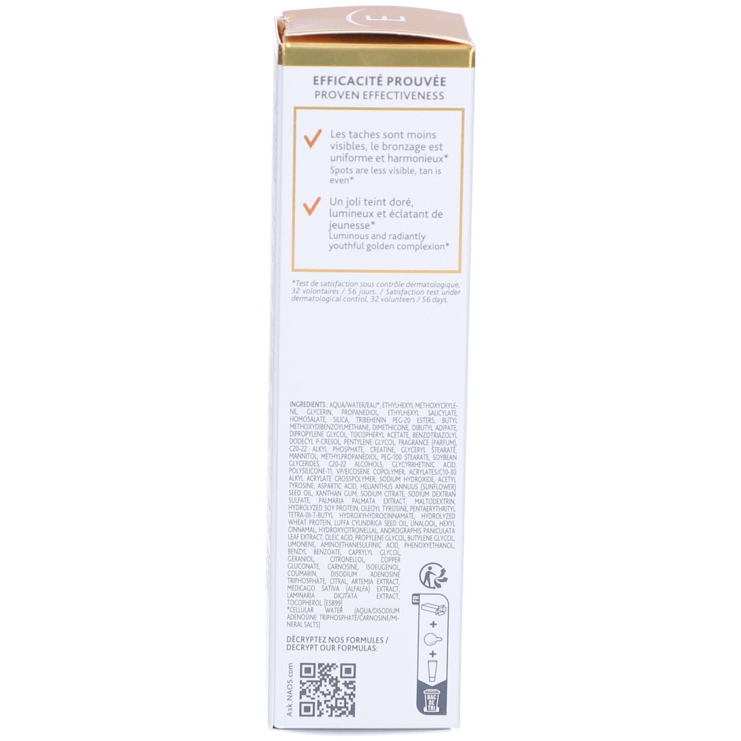 Rückseite der Schachtel. Text in mehreren Sprachen. Informationen zu Inhaltsstoffen und Wirksamkeit. Goldfarbene Akzente.