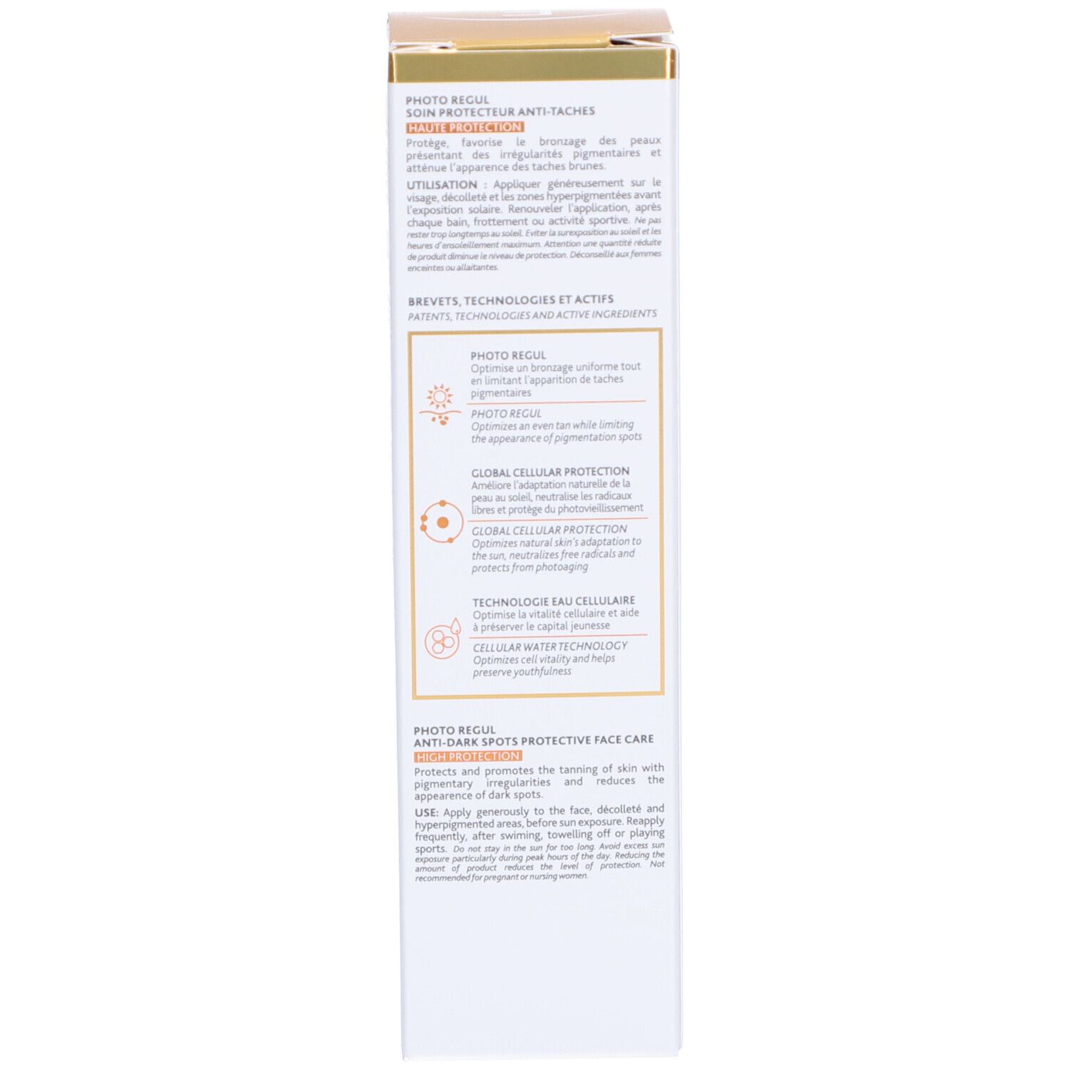 Seite der Schachtel. Text in mehreren Sprachen. Informationen zur Anwendung und Inhaltsstoffen. Goldfarbene Akzente.