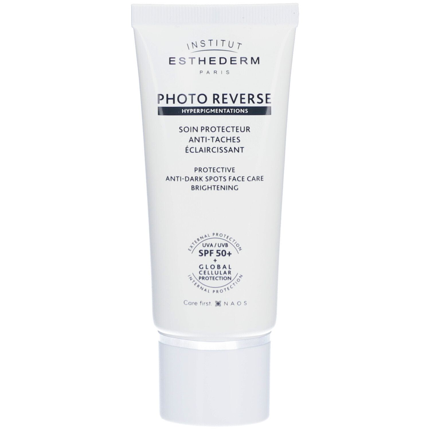 Weiße Tube mit Produktnamen und SPF 50+. Text in Französisch. Marke: Institut Esthederm.