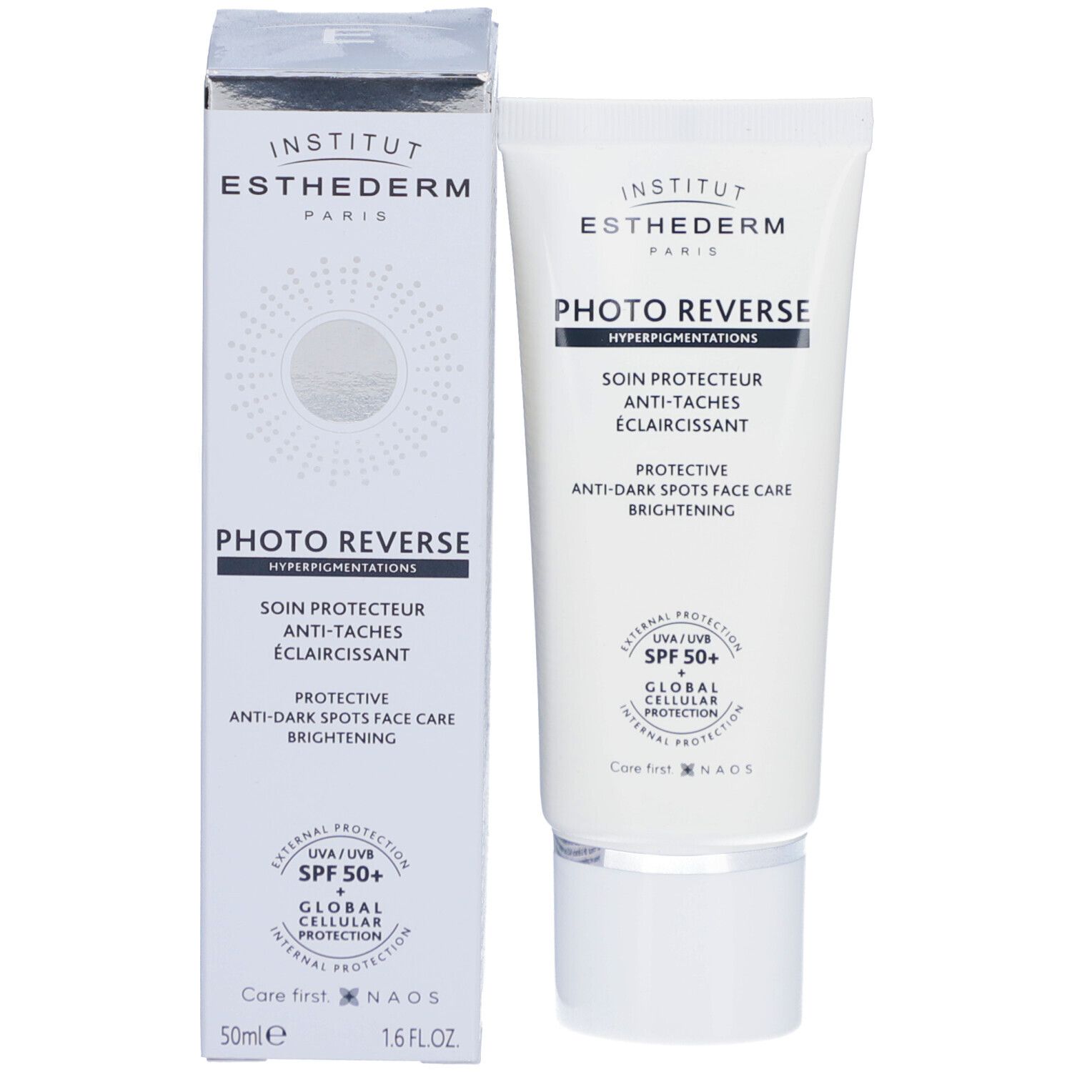 Produkt und Verpackung. Weiße Tube und Karton. Produktname und SPF 50+ sichtbar. Marke: Institut Esthederm.